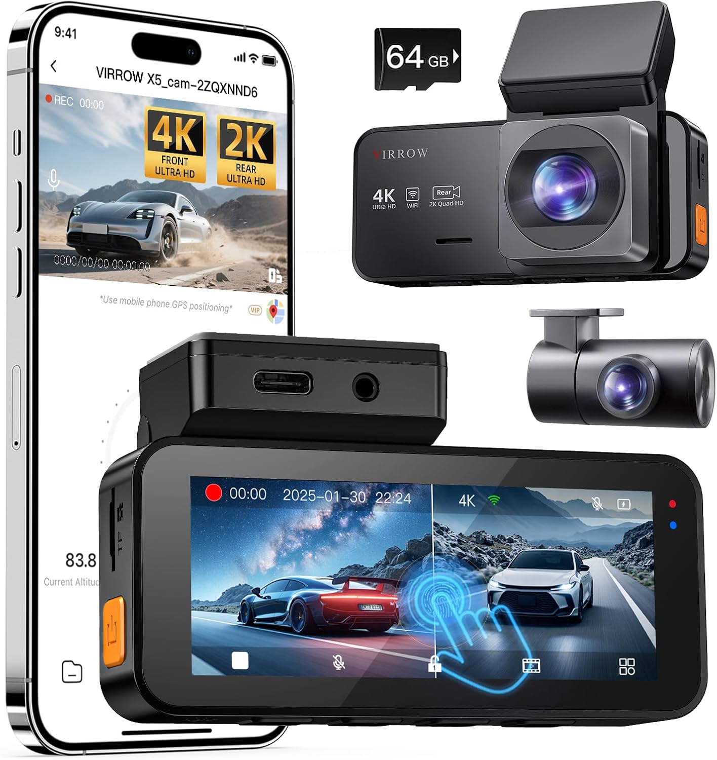 Dash Cam Front and Rear, Dash Camera for Cars 4K+2K, Dashcam Built-in WiFi, APP Control, 64GB Card Included, 3.39" IPS Touch Screen, 24H Parking Monitor, Night Vision, G-Sensor