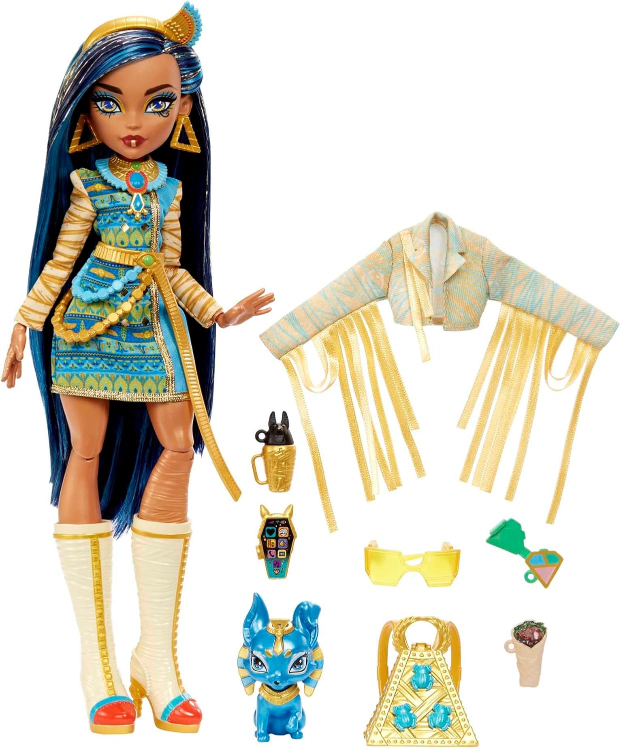 Monster High Doll, Cleo De Nile with Accessories and Pet Dog, Posable Fashion Doll with Blue Streaked Hair, HHK54