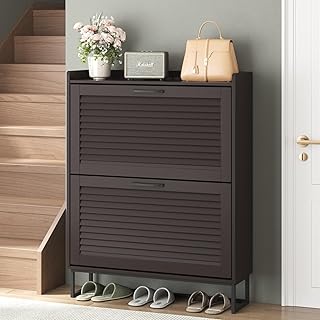 Maupvit Shoe Storage Cabinet with 2 Flip Louvered Doors, Freestanding Organizer with Metal Legs, Shoe Cabinet for Entryway, Narrow Shoe Rack Cabinet, Dark Brown