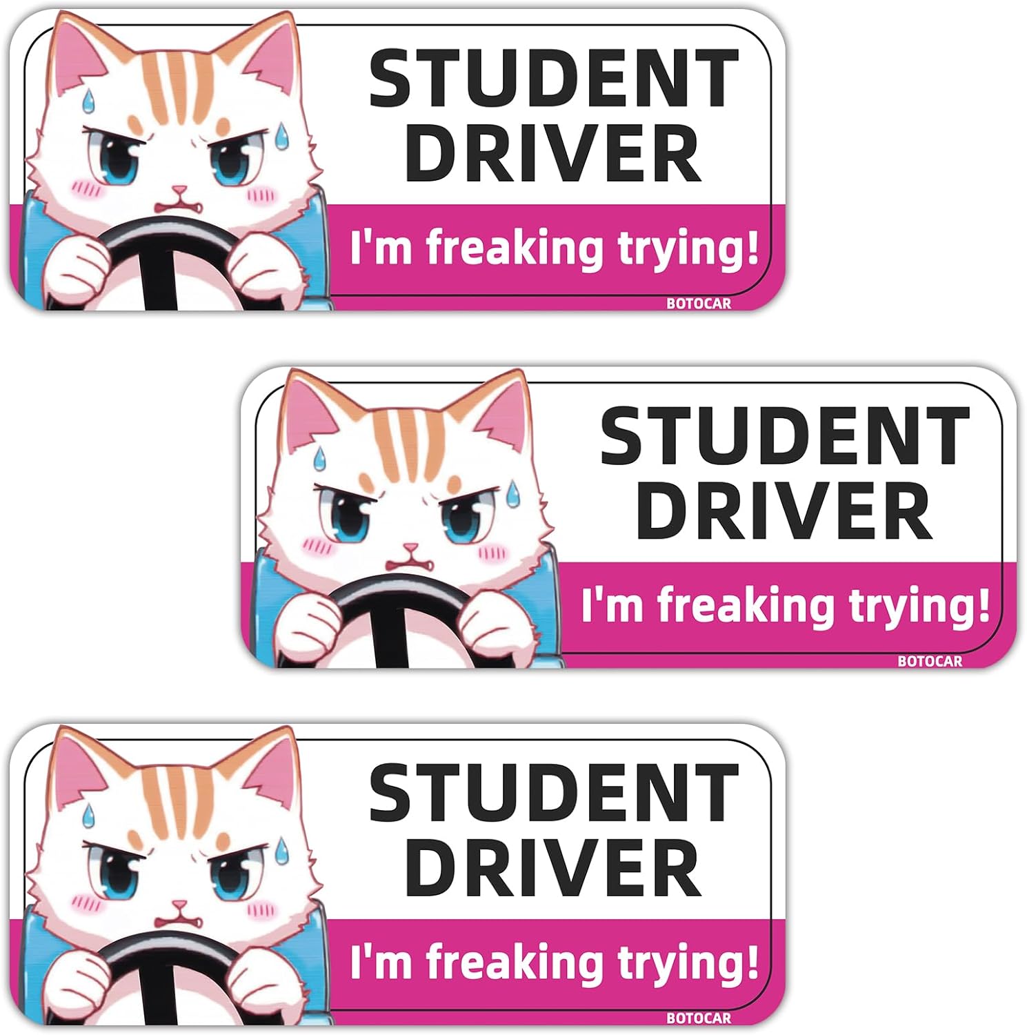 Funny Student Driver Magnet for Car - 3 Pack 9"x3.5" Pink Magnetic Reflective Funny Removable Novice Driver Safety Attention Sign - Weather-Resistant (Pink Cat)