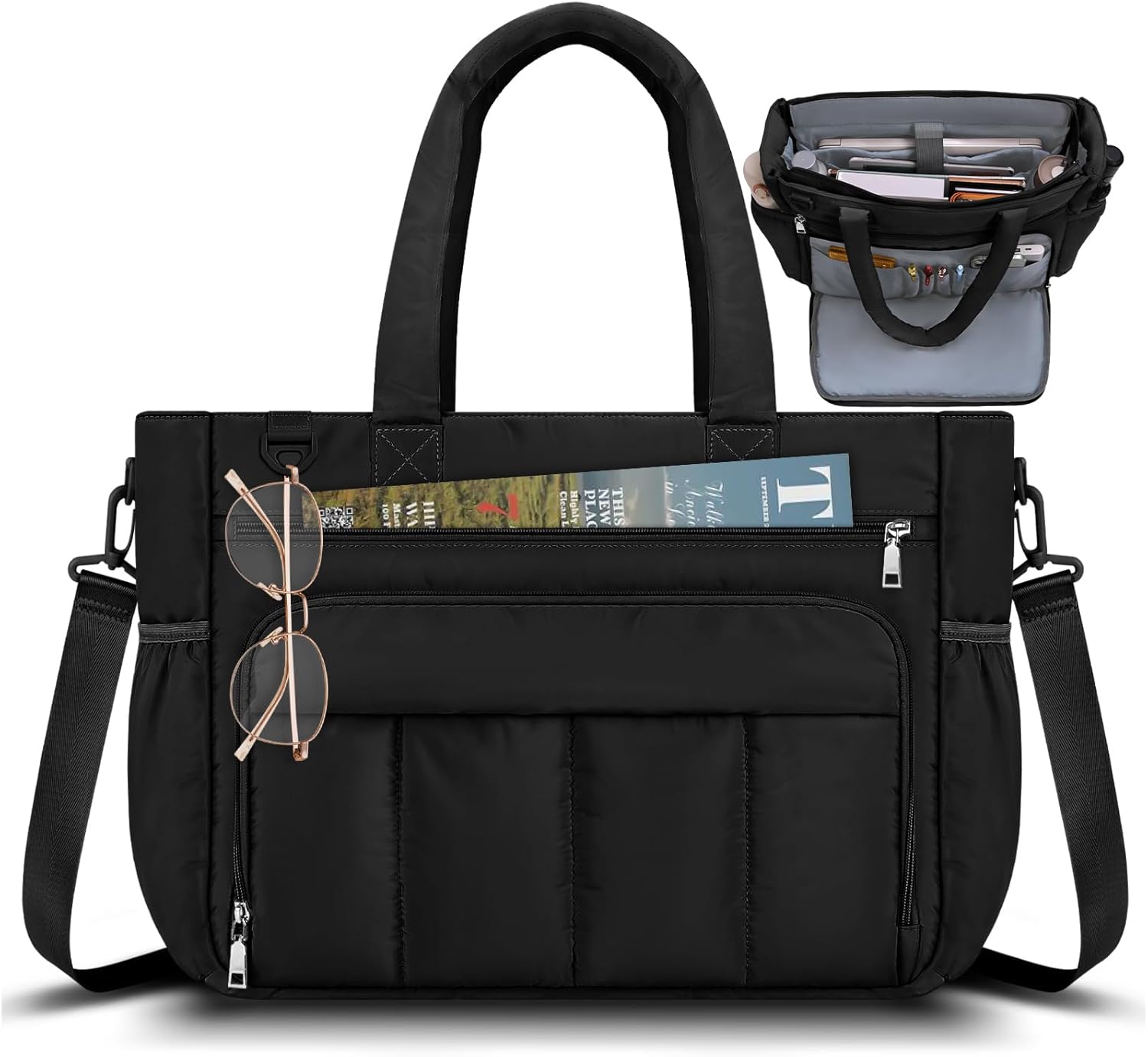 RAINSMORE Puffy Teacher Work Tote Bag 15.6 Inch Laptop Bag for Women Waterproof Computer Messenger Shoulder Bags with Insulated Pocket Quilted Purse Handbag for College Office Travel Nurse