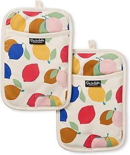 SUR LA TABLE Kitchen Essentials Lemon Zest Citrus Fruit Potholder 2-Pack Set, Heat Resistant, 100% Cotton, Flexible Non-Slip Silicone Grip,Yellow/Blue/Ivory, 7"x10"