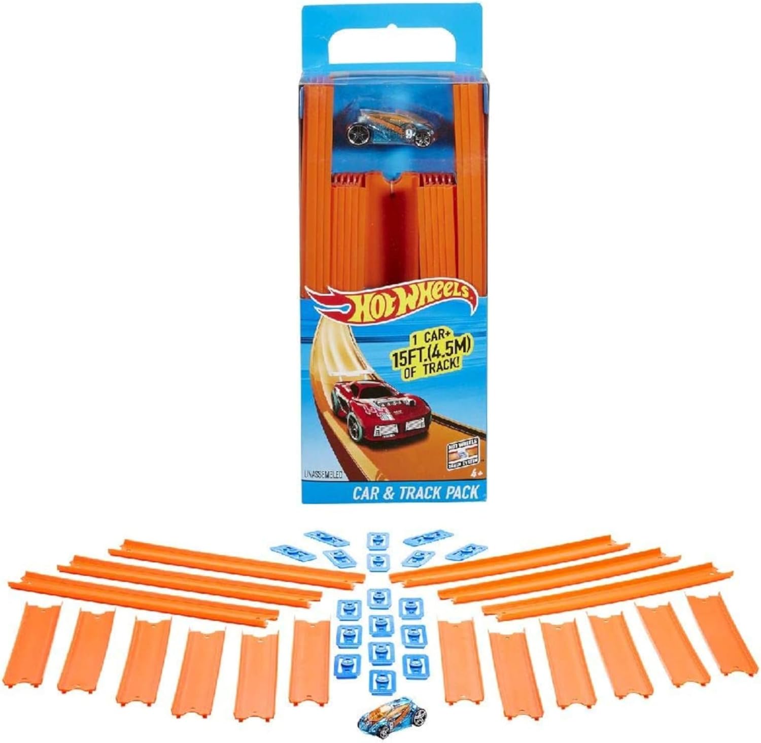 Hot Wheels Toy Car Straight Track Set with 37 Component Building Parts & 1:64 Scale Vehicle (Amazon Exclusive)