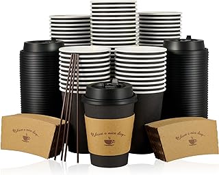 LITOPAK 100 Pack 12 oz Paper Coffee Cups, Drinking Cups for Hot Coffee Chocolate Drinks, Disposable Coffee Cups with Lids, Sleeves and Stirring Sticks, Black Hot Coffee Cups for Home and Cafes