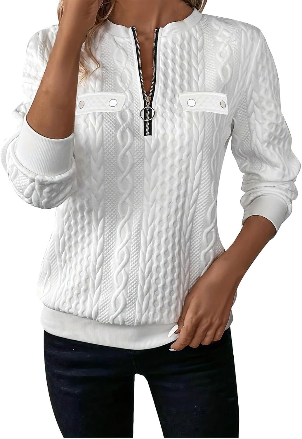 Women's Half Zip Quilted Sweatshirts Crew Neck Long Sleeve Pullover Tops Textured Solid Casual Fashion Fall Tops
