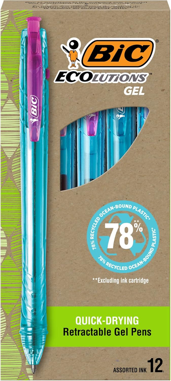 BIC Ecolutions Gel Pens, Medium Point (1.0mm), 12-Count Pack, Retractable Assorted Ink Pens Made from 78% Ocean-Bound Recycled Plastic Excluding Ink Cartridge
