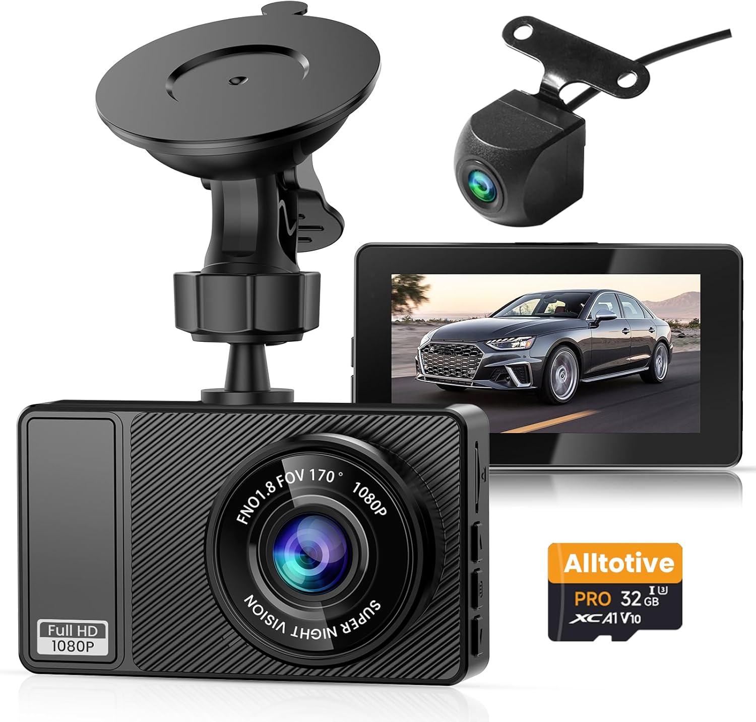 Alltotive Dash Cam Front and Rear, 1080P Full HD In Car Camera Dual Lens Dashcam for Cars, SD Card Included, 170 Wide Angle with Loop Recording and G-sensor(E3)