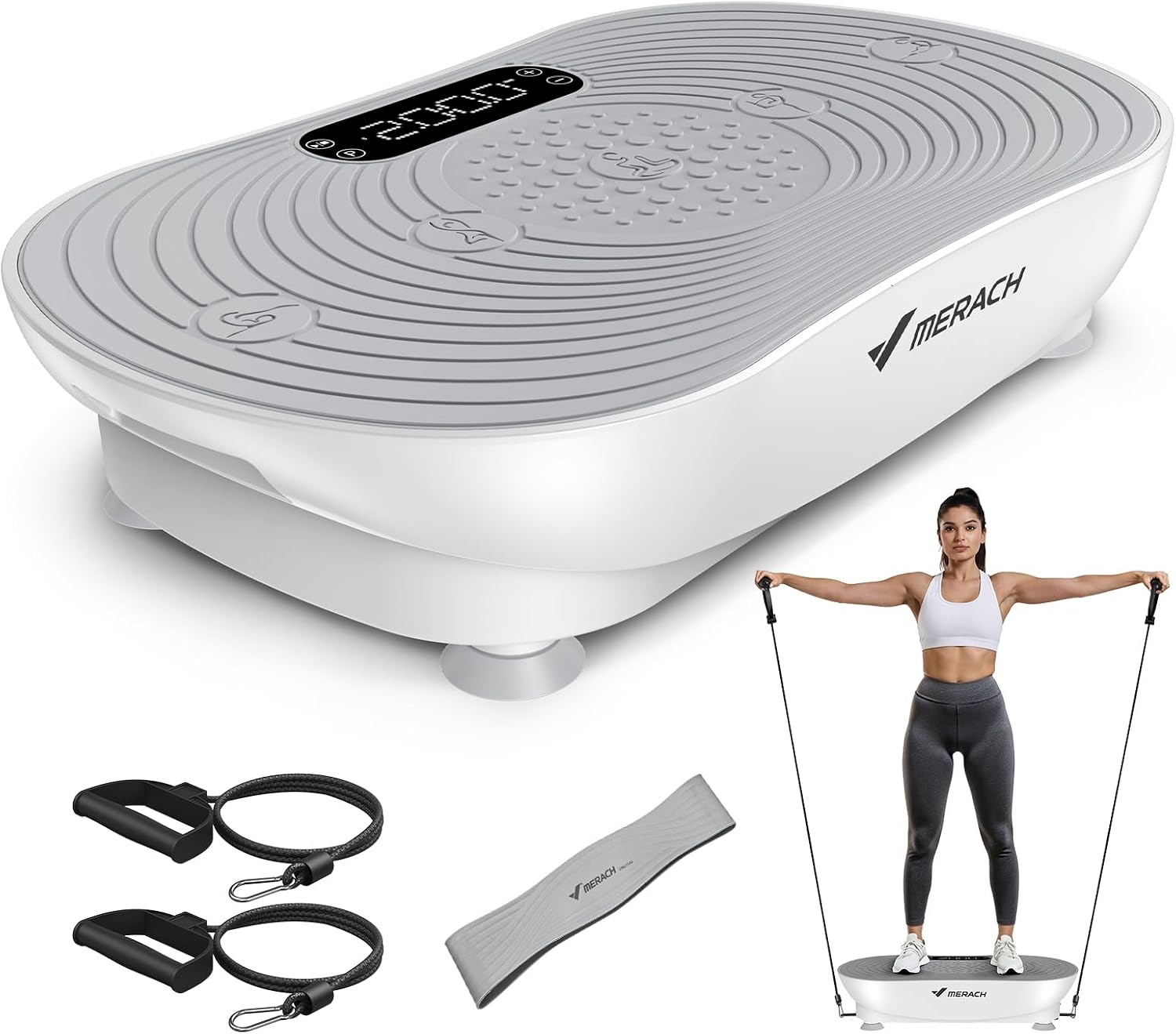 MERACH Vibration Plate Exercise Machine, Vibrating Platform for Lymphatic Drainage Weight Loss Muscle Activation, Full Body Home Exercise Equipment with LED Touch Screen Bluetooth Pull Cord