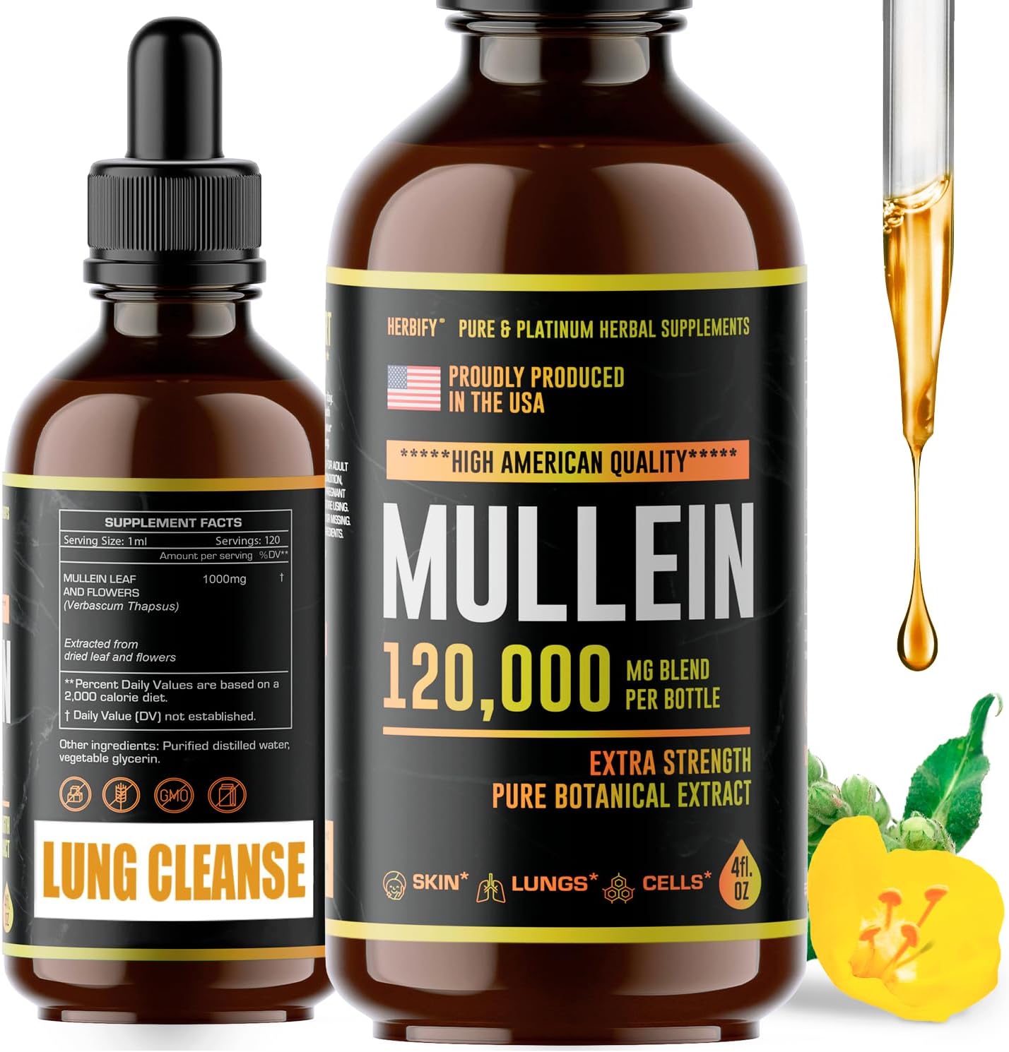 HERBIFY Mullein Drops - Lung Cleanse - Leaf Extract - Powerful Mullein for Immune Support,Detox & Respiratory Support - Made in USA - Herbal Supplements - 4 Oz