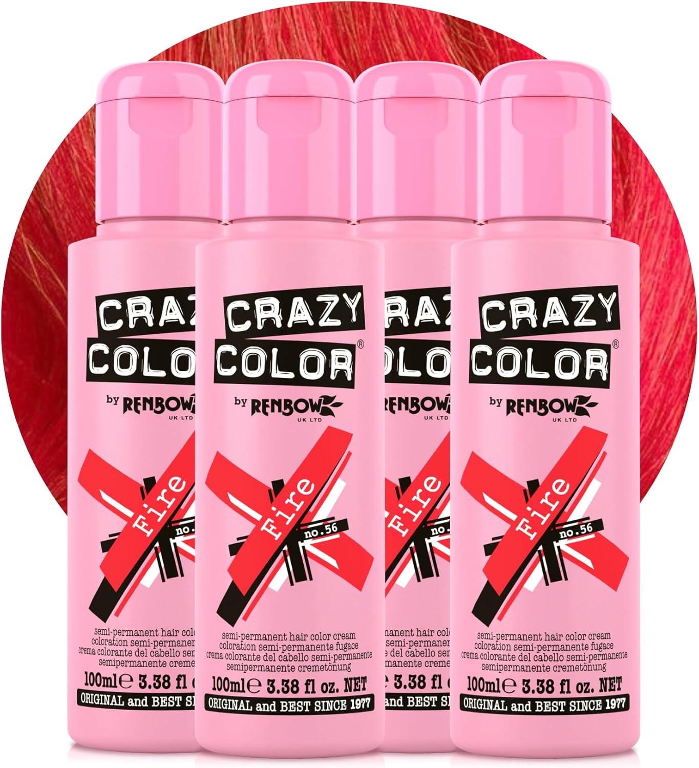 Crazy Color Vibrant Fire Semi-Permanent 4 Pack Quad Hair Dye. Highly Pigmented Pillarbox Red Conditioning & Oil Nourishing Vegan Formula No Bleach or Ammonia 400ml