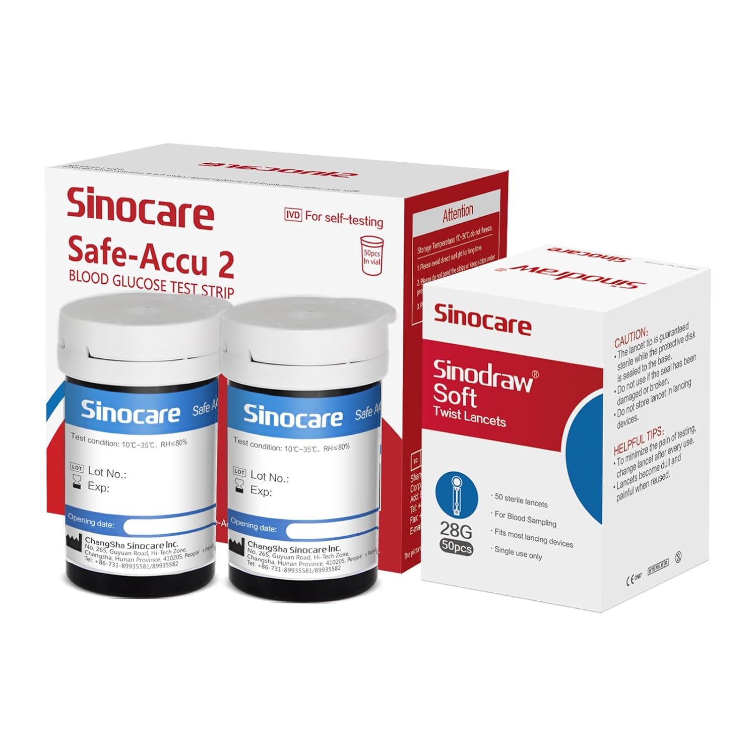 sinocare (Safe Accu2) Blood Sugar Test Strips 50 pcs No Code/ Blood Glucose Test Strips with Lancing Devices x 50 / only for sinocare Safe Accu2 Blood Glucose Monitor