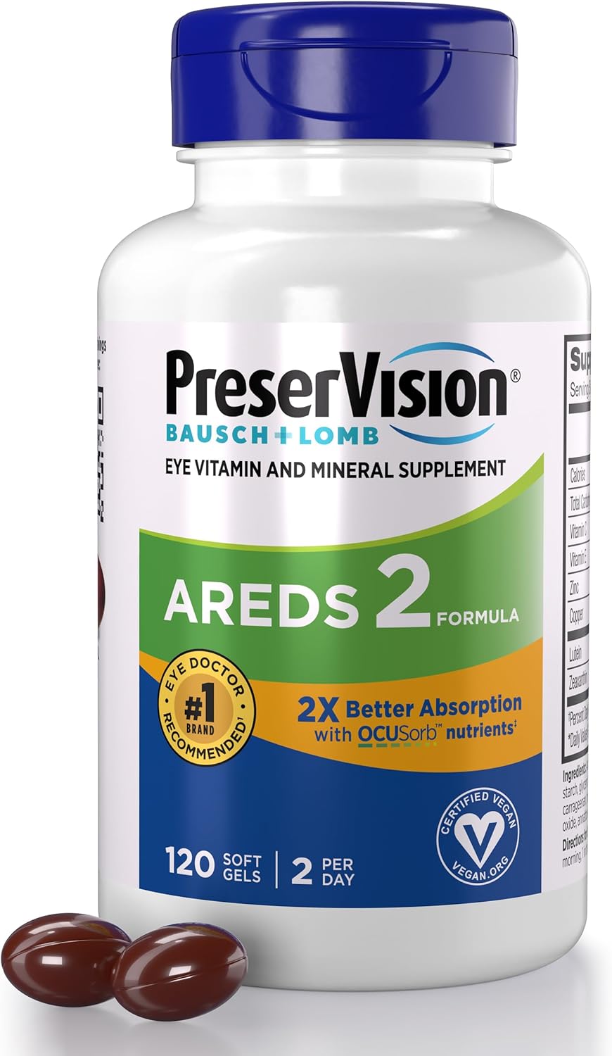 PreserVision AREDS 2 Eye Vitamin & Mineral Supplement with OCUSorb, 120 Vegan Soft Gels, Contains Lutein, Zeaxanthin, Vitamin C & E, Zinc, & Copper, Eye Health Supplements for Adults
