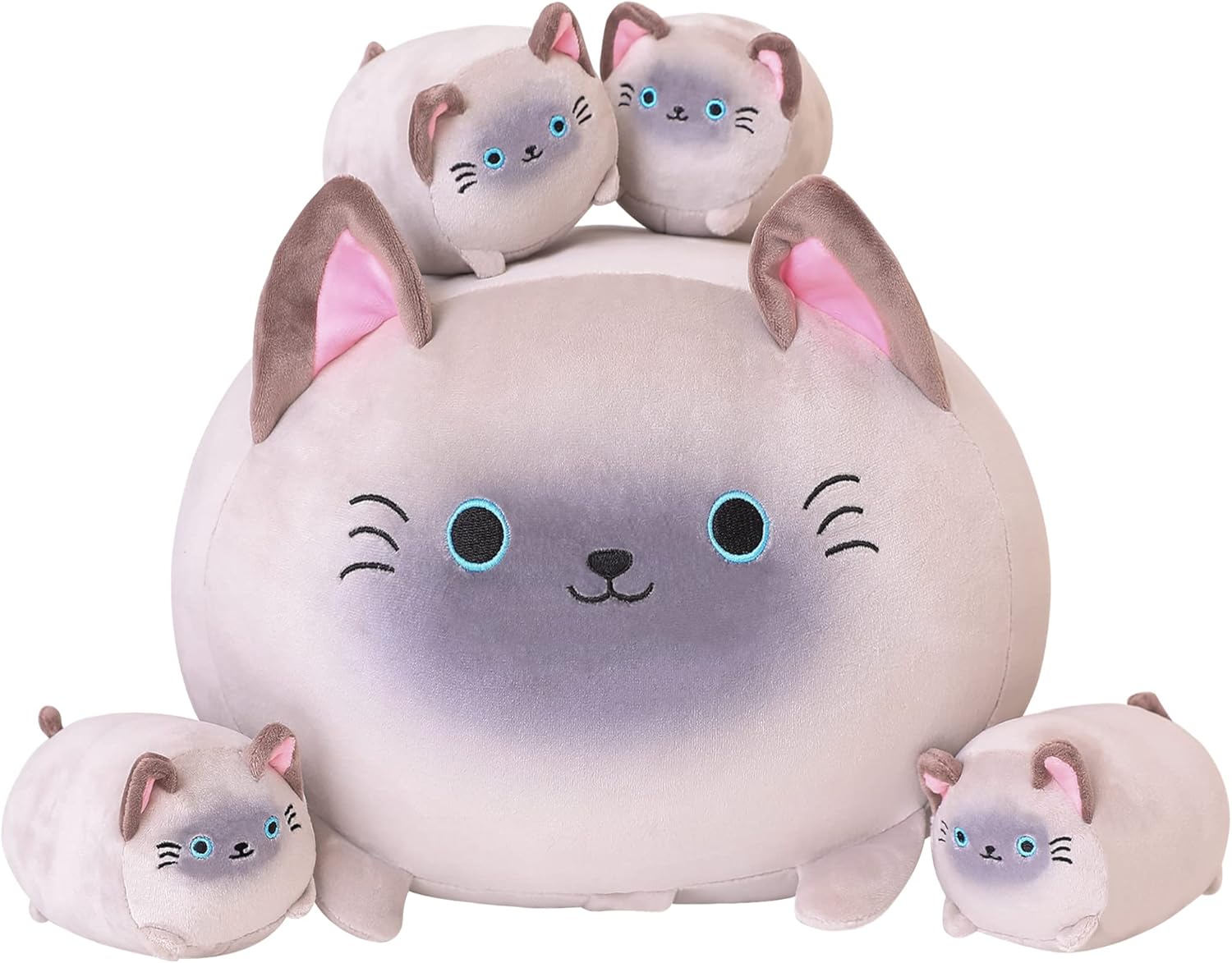SQEQE Siamese Cat Plush, Cute Stuffed Animals Mommy with 4 Squishy Kitties, Soft Plushies Pillow Gifts for Kids