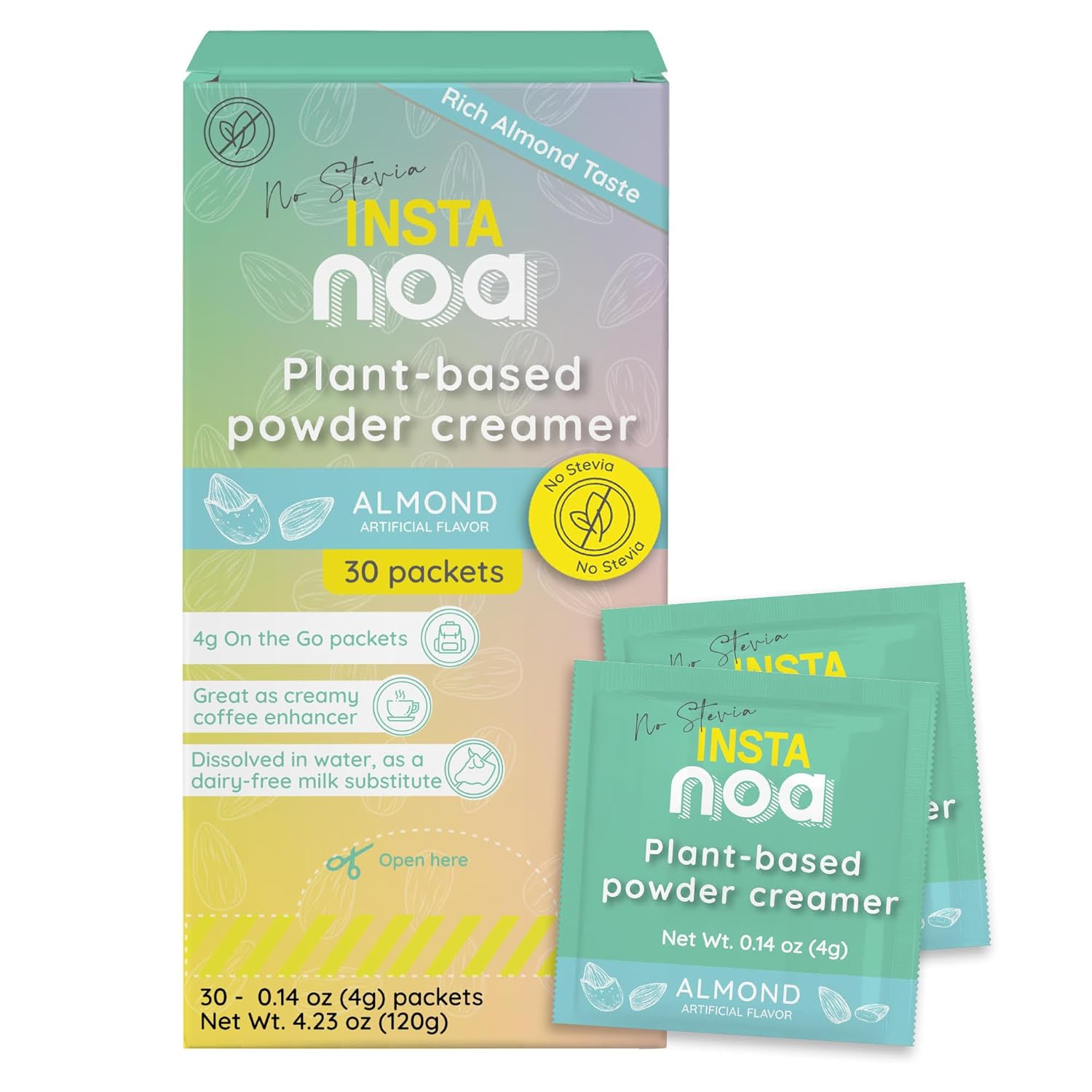 NOA Plant-Based Powder Creamer - Coconut & Almond Blend, No Stevia, 30 On-The-Go Sachets for Coffee, Tea & More