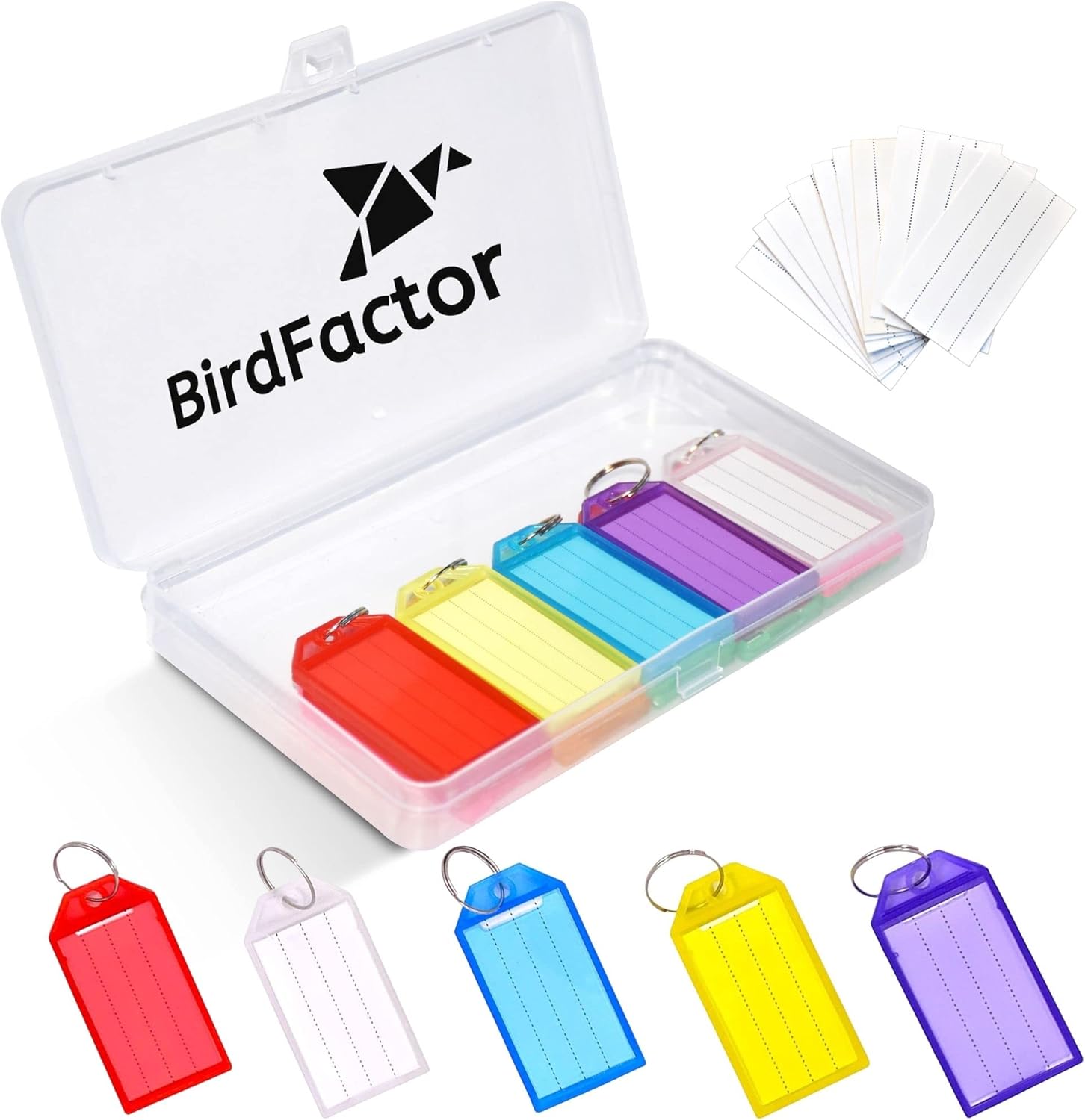 BirdFactor 25 Pack Heavy Duty Key Tags with Labels - 5 Colours, Plastic Box with Extra Paper Labels, Keyrings & Key Fobs with Split Rings for Keys, Pets, Luggage & Memory Stick Tags