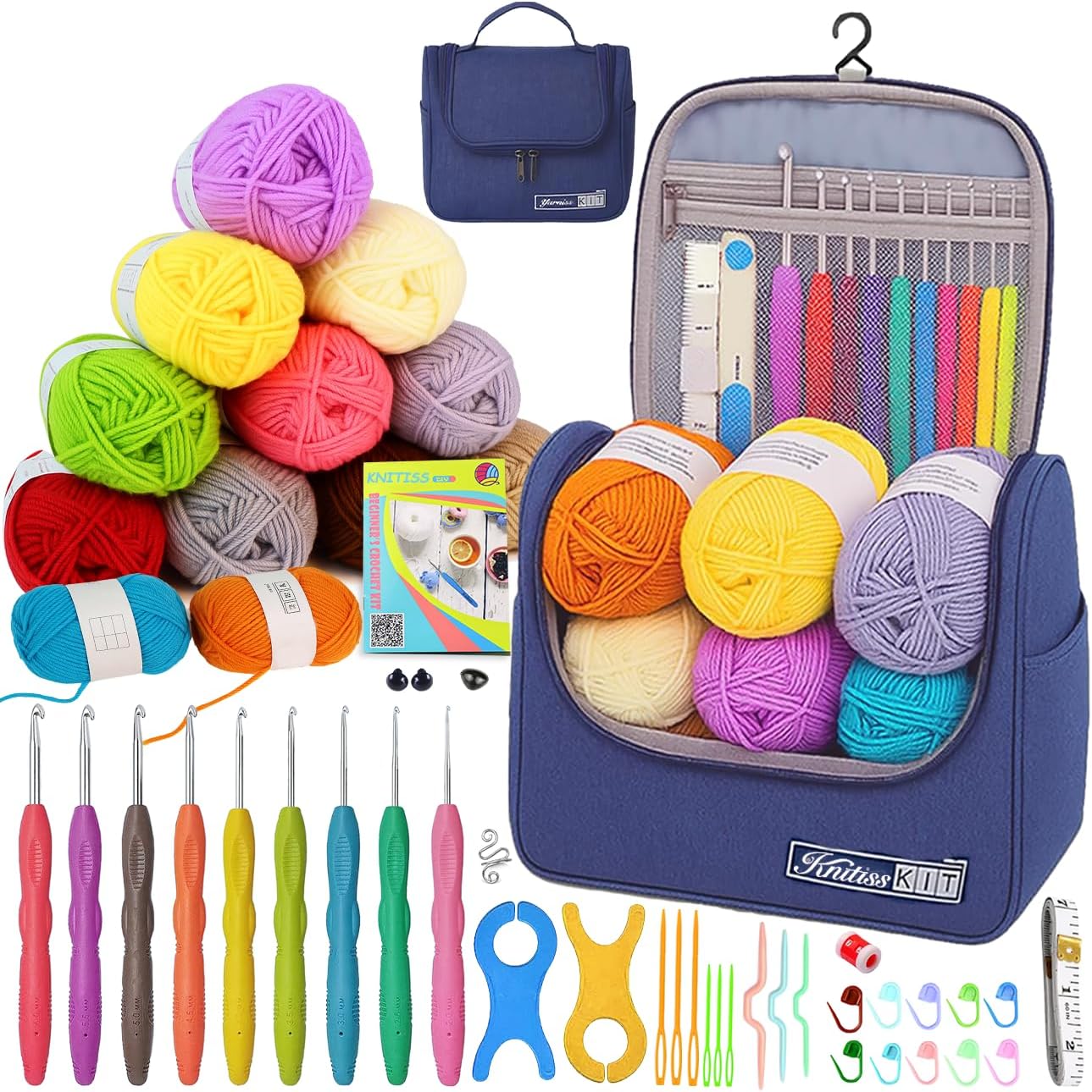 Knitiss Crochet Kits for Beginners Adults, All in One Crochet Crochet Starter Kit with 840 Yards Crochet Yarn, 9 Size Ergonomic Crochet Hooks 2.0mm~6.0mm