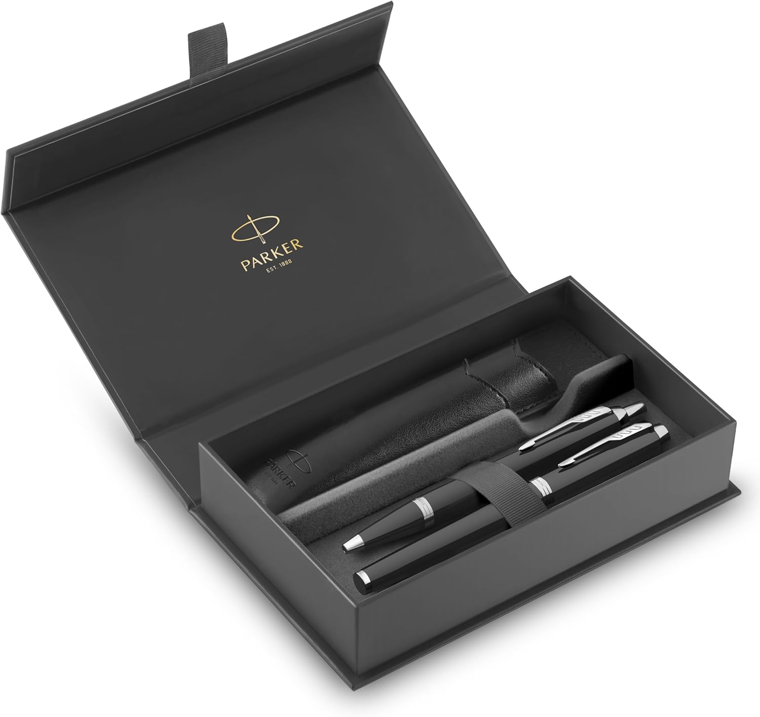 Parker IM Duo Pen Gift Set | Fountain Pen, Ballpoint Pen & Pen Pouch | Black Lacquer Finish with Chrome Trims | Medium Tip | Blue Ink Refills | Perfect Graduation Gifts
