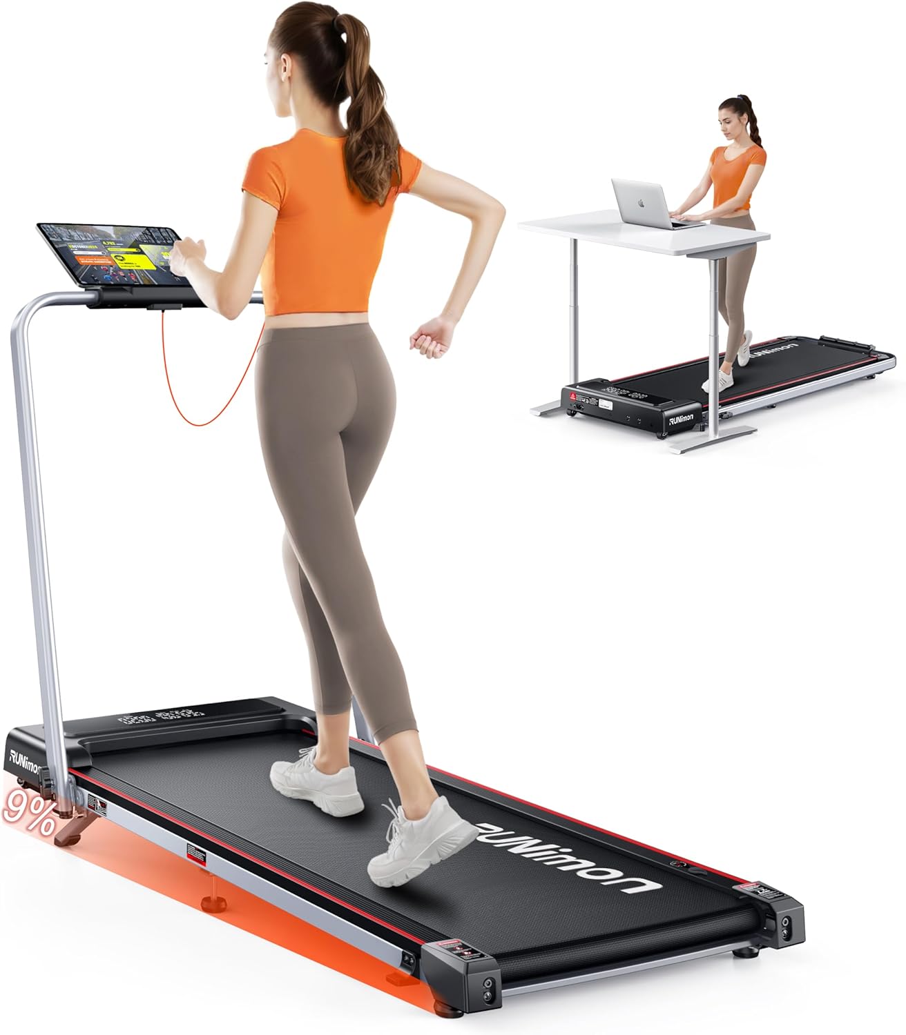 6 in 1 Folding Treadmill with 9% Incline, RUNIMON Walking Pad Treadmills for Home Foldable, 2.5HP Under Desk Running Pad Walk Pads Treadmill 1-12KM/H with LED Display, Magnetic Remote&APP Control