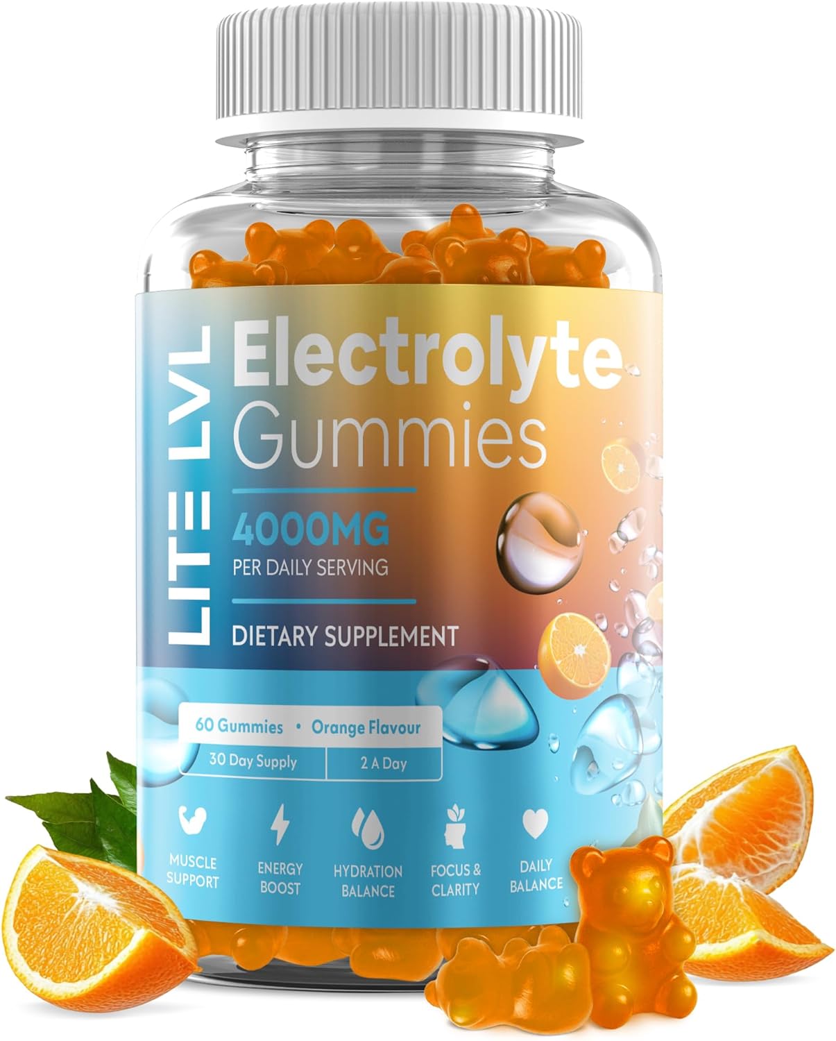LITE LVL - 60 x Naturally Orange Flavoured Electrolytes Gummies - Hydrate Electrolytes - Soft Chewable Gummies - Daily Serving 2 per Day - Supporting Overall Heath and Wellbeing
