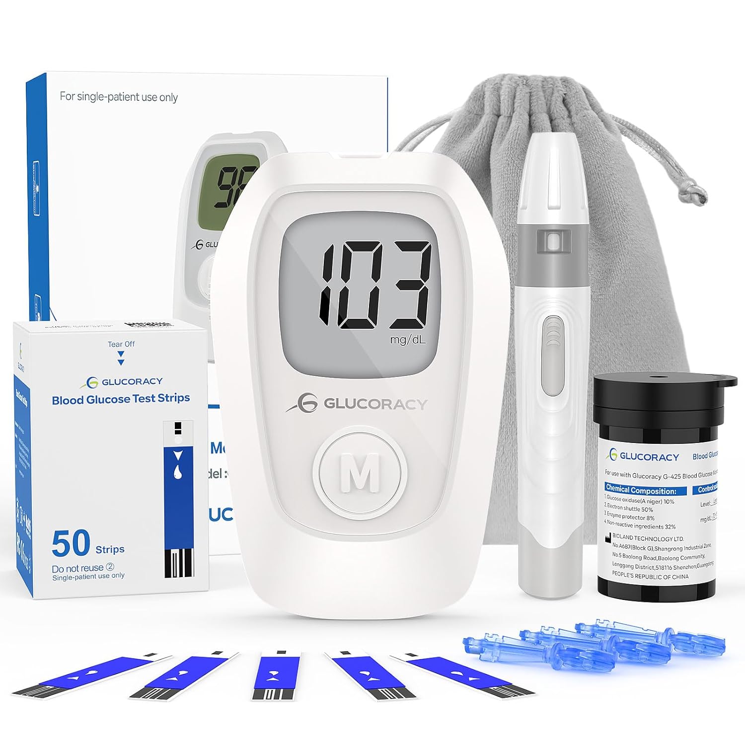G-425 Blood Glucose Monitor Kit, Blood Sugar Test Kit with Lancing Device, 50 Test Strips and 50 Lancets, Glucose Meter for Home Use, Diabetes Home Testing Kit