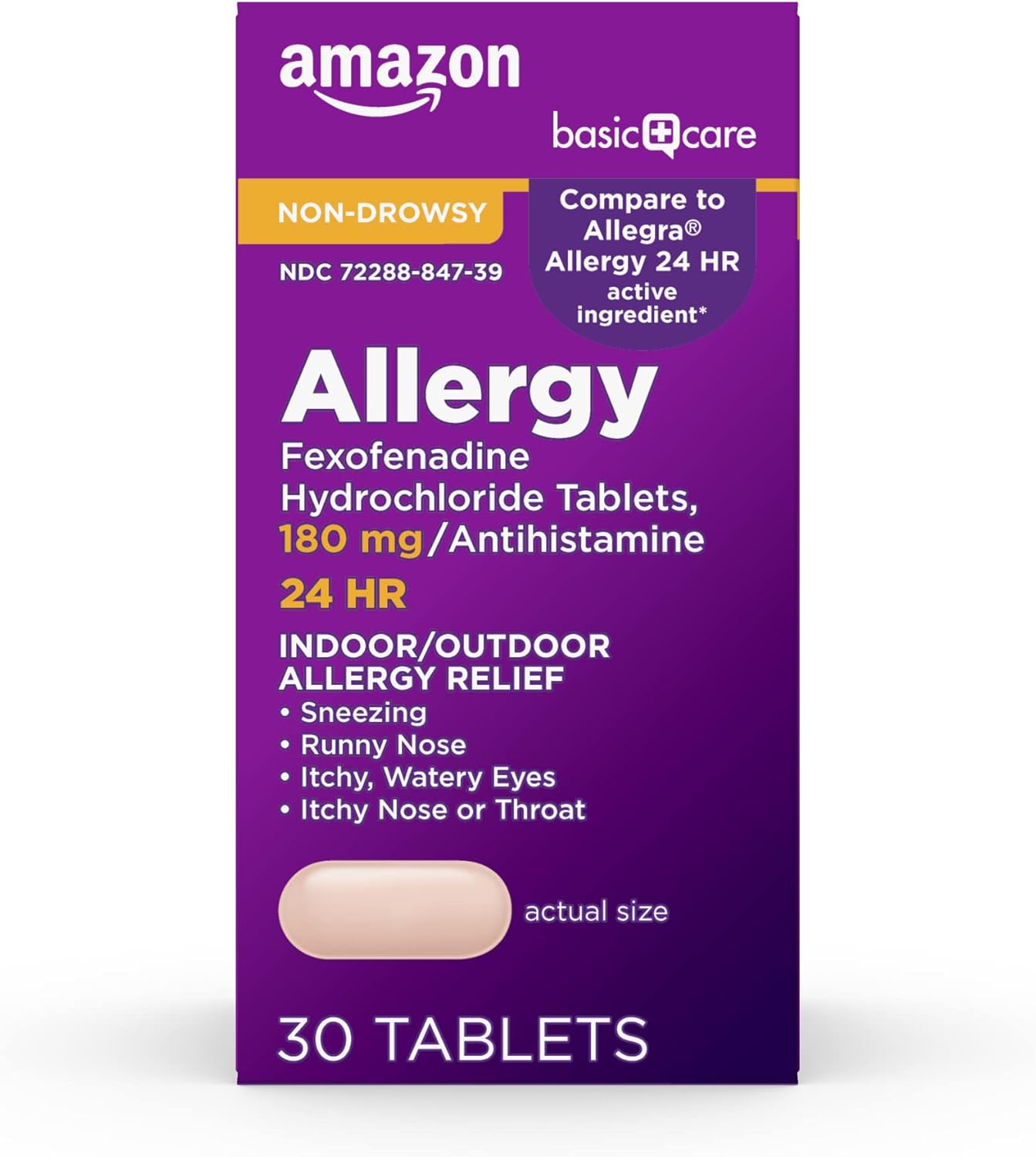 Amazon Basic Care All Day Allergy Relief, Fexofenadine Hydrochloride Tablets, 180 mg, Antihistamine, Non-Drowsy, 24-Hour Relief, 30 Count