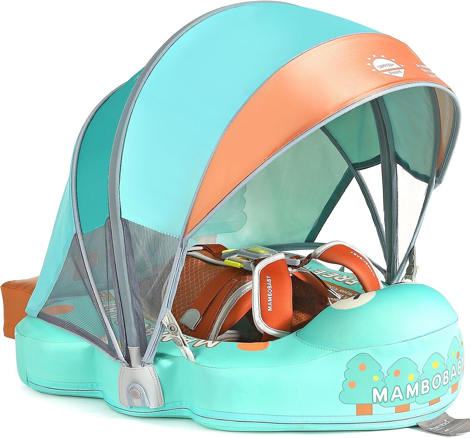 Mambobaby Non-Inflatable Baby Pool Float with Tail and Canopy UPF 50+ Sun Protection No Flip Over Infant Swim Float Skin-Friendly Mambo Float Swim Trainer Solid Baby Swimming Ring