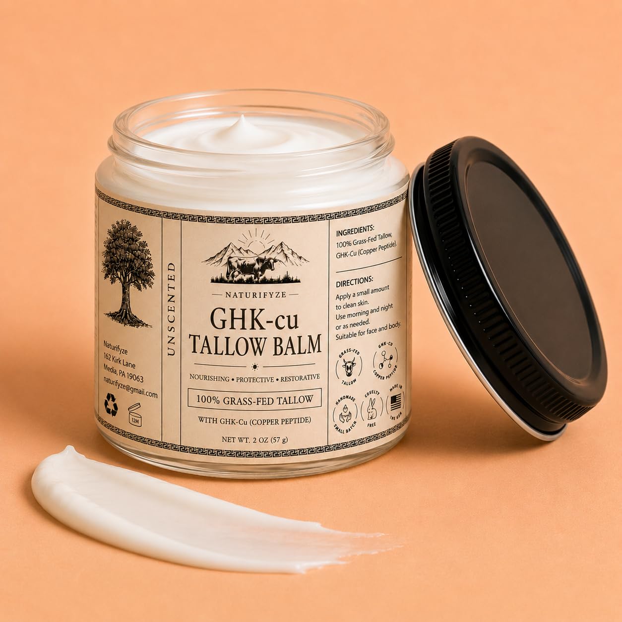 GHK-cu Tallow Balm, 100% Grass-Fed Tallow with Copper Peptide, Unscented, 2 oz