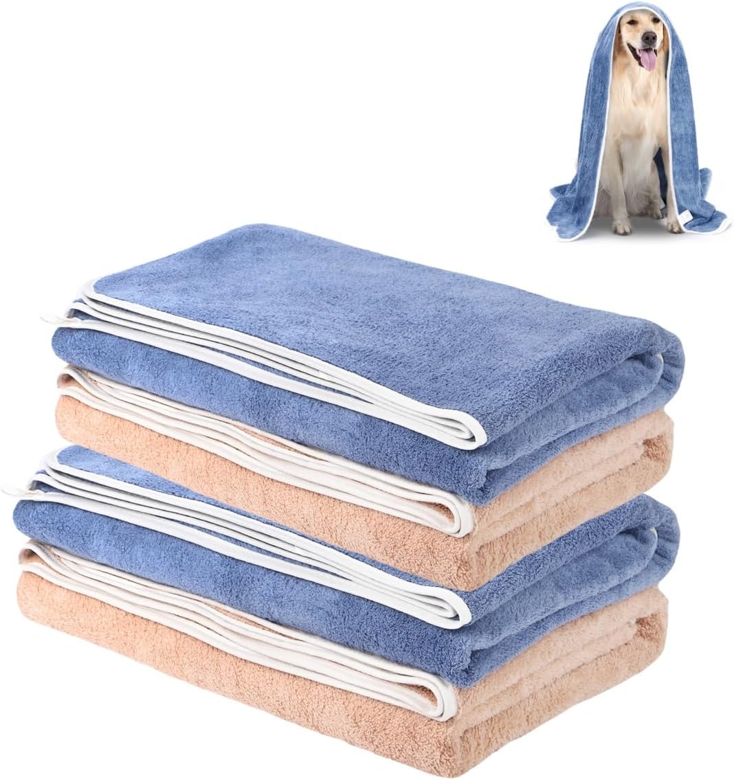 TAIYUNWEI Dog Towel – Extra Large 140 x 70cm - 4 Packs, Ultra-Absorbent Dog Towel-Extra Soft Microfibre Towels, Big Pet Towels for Puppy Grooming Shower Bath Supplies (2*brown+2*blue)