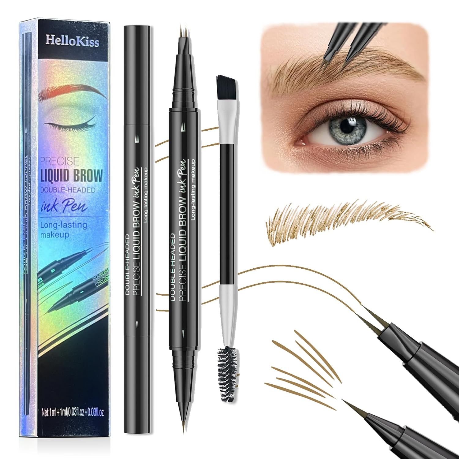 Hello Kiss Curved Microblading Eyebrow Pen, 3D Waterproof Microblade Eyebrow Pencil, 2-in-1 Double Headed Liquid Brow Pencil for Long-Lasting Natural Hair-Like Brows with Brush (01#LIGHT BROWN)