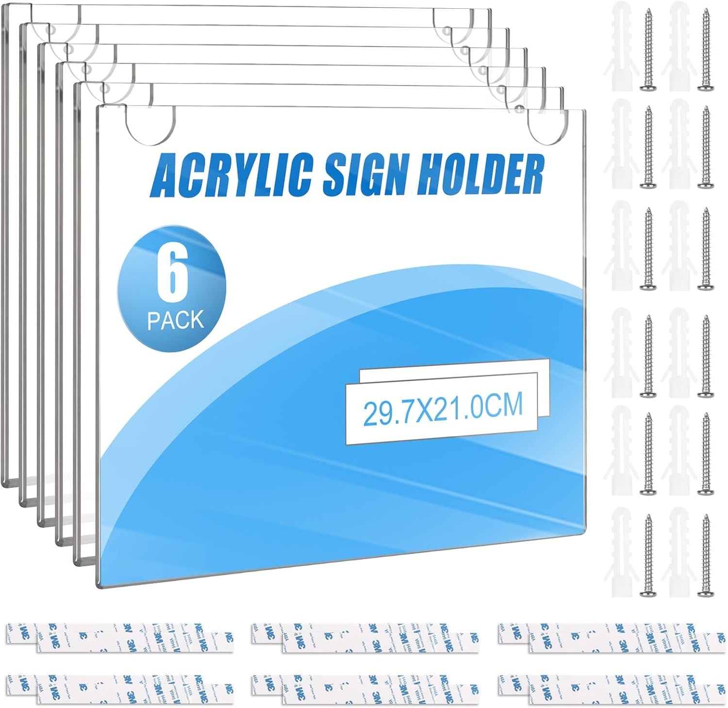 6 Pack A4 Acrylic Wall Sign Holder, Landscape Display | Clear 3mm acrylic, Adhesive or Screw Mount, for A4 Landscape Notices, Menus, Posters and Office Signs