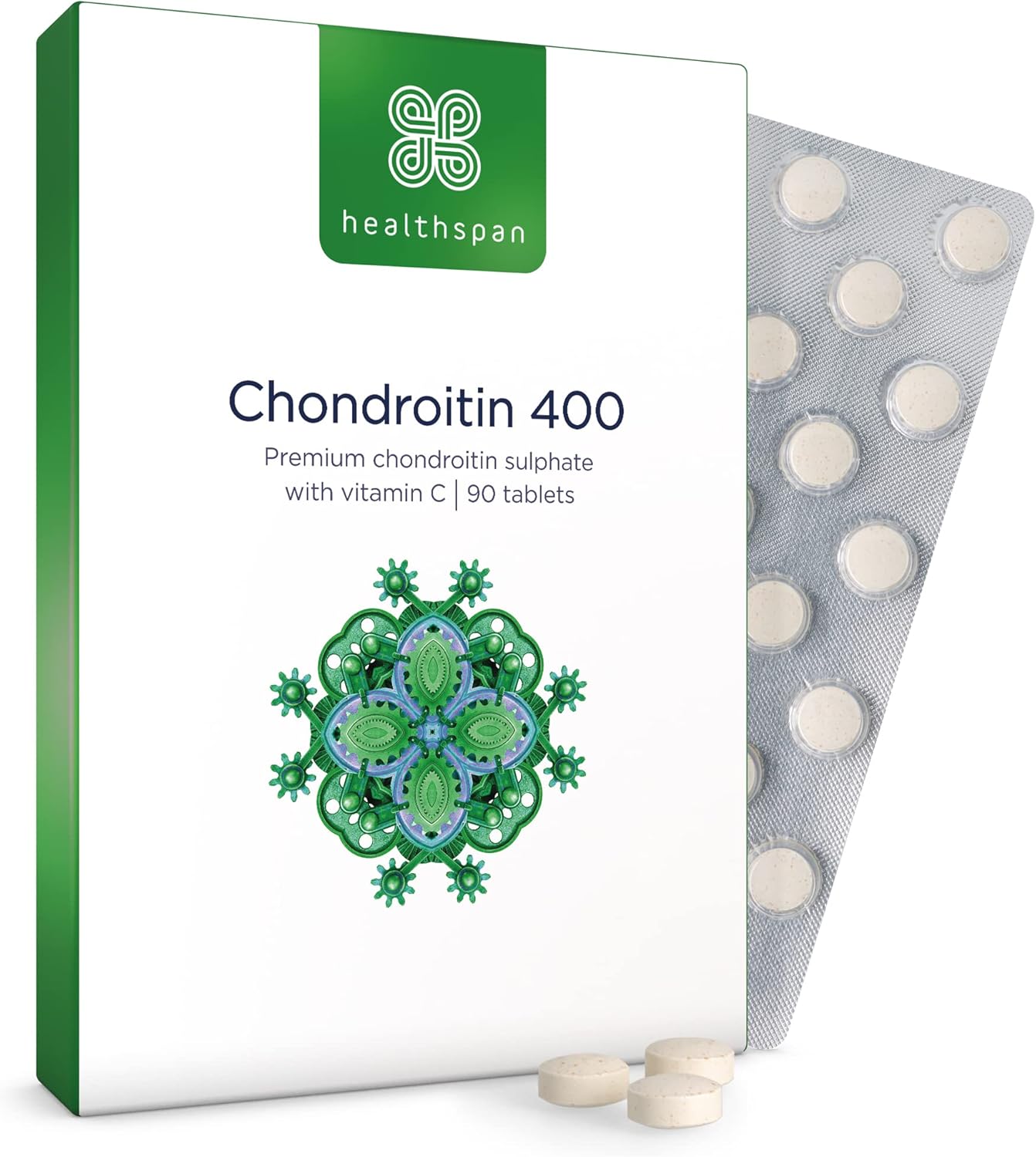 Healthspan Chondroitin (90 Tablets) | High Strength 90% Grade Chondroitin Sulphate | with Added Vitamin C to Support Healthy Bones and Joints | Gelatin Free