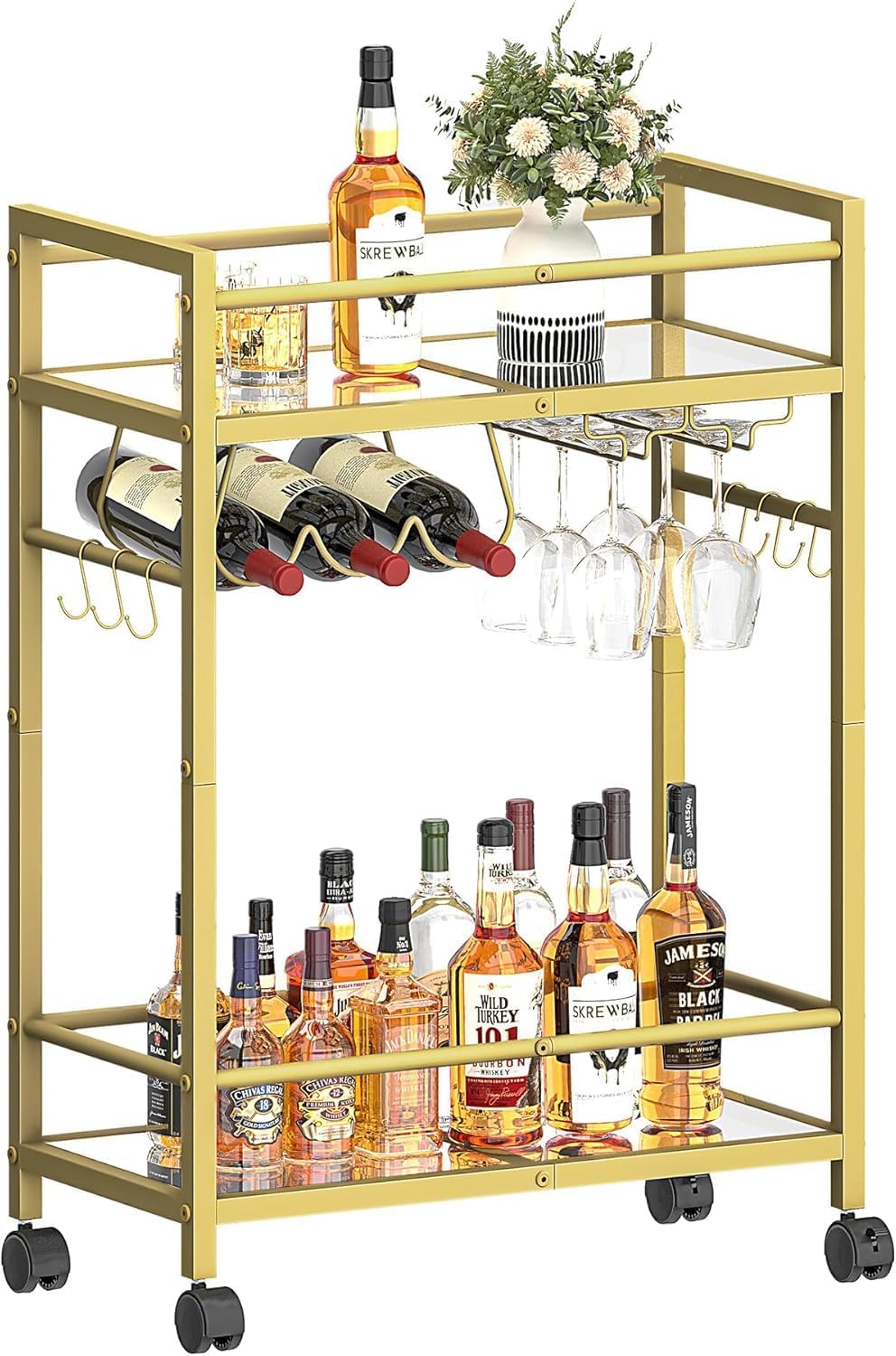 Home Bar Serving Cart, Bar Cart with 2 Mirrored Shelves, MicrowaveCart, Rolling Beverage Cart, Mobile KitchenCart with Wine Rack, Drink Cart for Dinning Room, Living Room, Kitchen, Gold