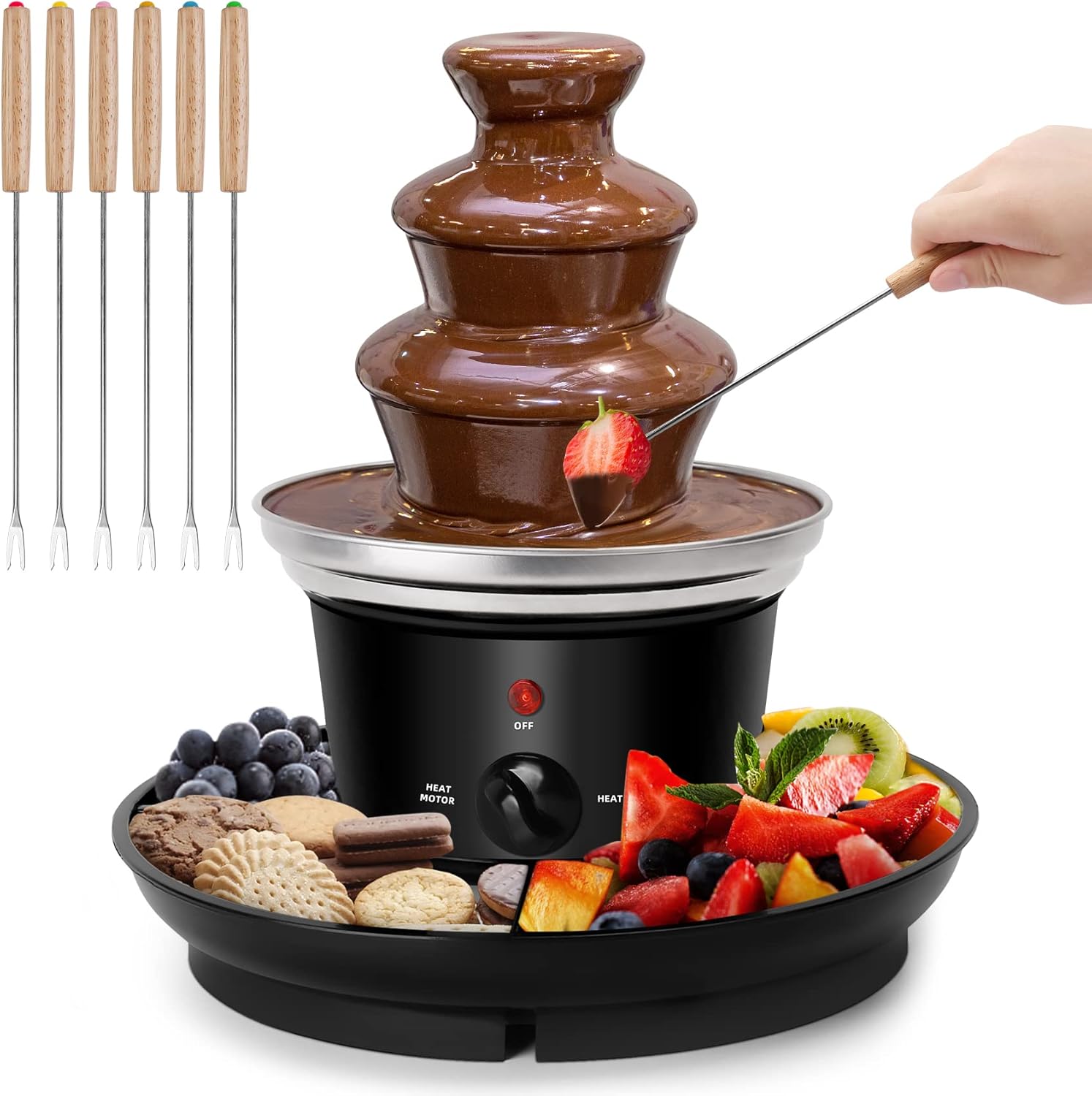 16oz Chocolate Fondue Fountain, 3-Tier MINI Chocolate Fountain with 6PCS Fondue Fork and Removal Fruits/Nuts/Treats Serving Tray for BBQ Sauce,Ranch,Nacho Cheese,Liqueurs