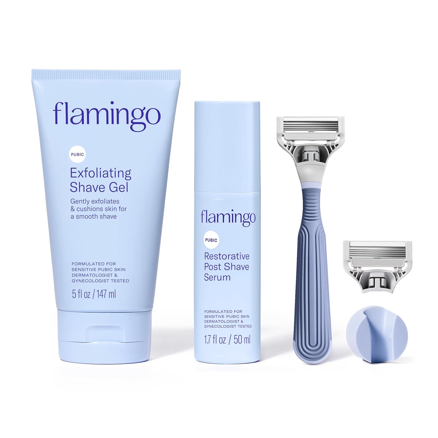 Flamingo Pubic Hair Razor for Women, Shaving Kit, 1 Razor, Exfoliating Shaving Gel 5 fl oz - Restorative Post Shave Serum 1.7 fl oz, Starter Set, Full Kit