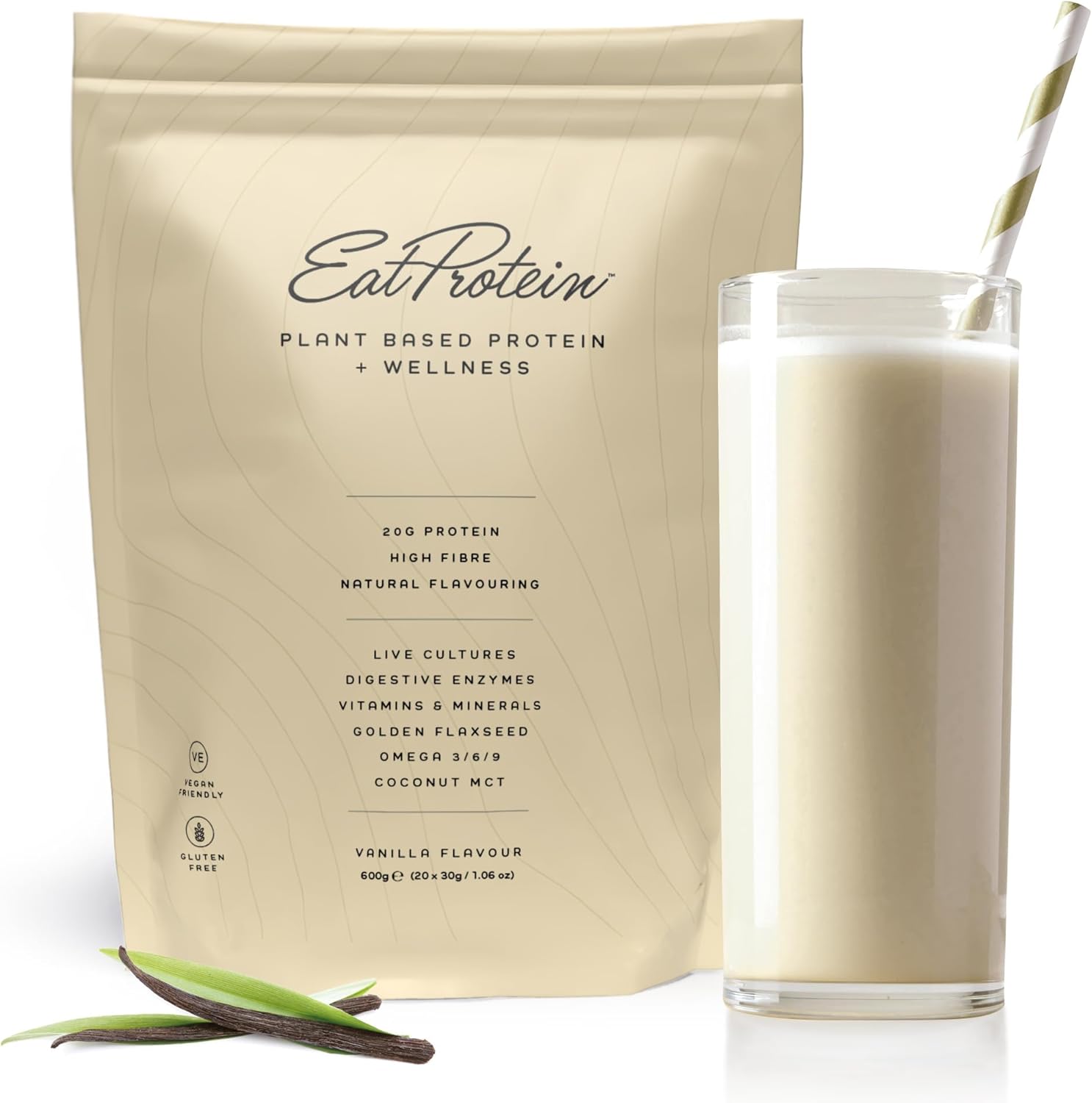 EatProtein Plant Based Protein + Wellness Powder, Vegan Protein Powder for Women. Dairy, Lactose, Gluten, Soy Free. No Artificial Sweeteners, Flavours or Added Sugars. Vanilla, 20 Servings, 600g