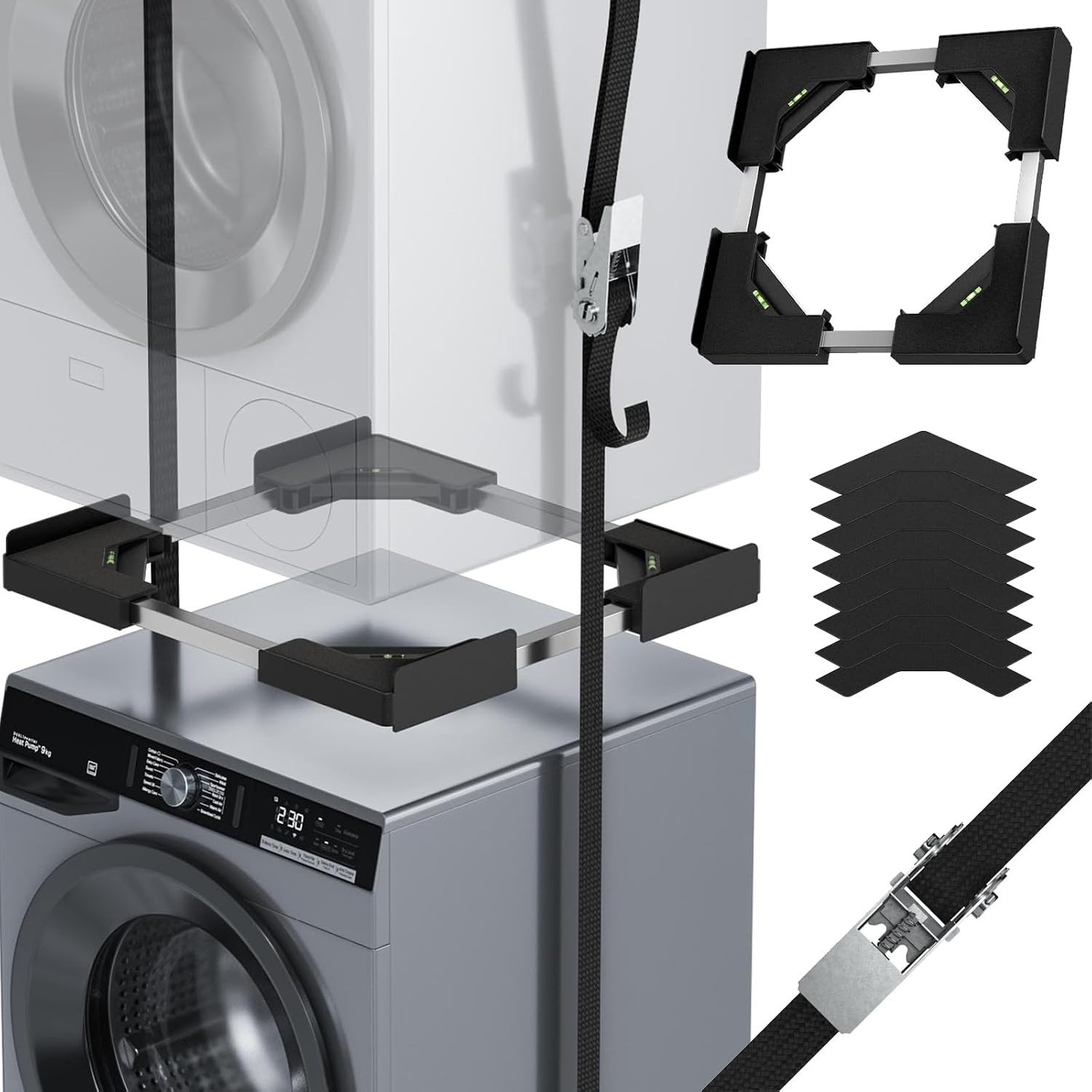 Washer Dryer Stacking Kit, Universal Stacking Kit for Washer and Dryer, Adjustable Frame for 45~68cm Stackable Washer and Dryer Stacking with Ratchet Strap (Black)