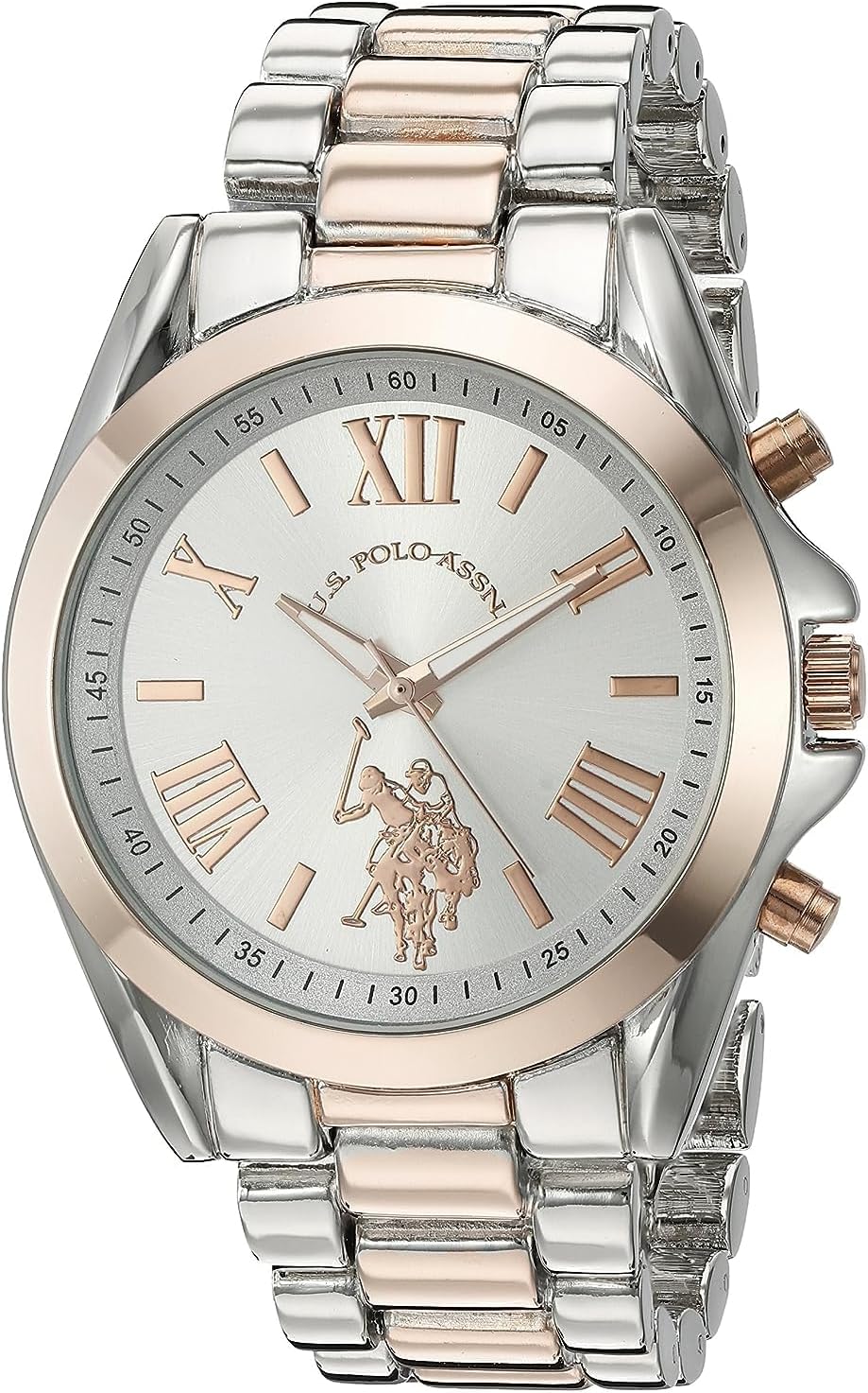 U.S. Polo Assn. Women's Two-Tone Analog Watch – Silver Dial with Rose Gold Accents, 41mm Metal Case, and Alloy Link Bracelet – Elegant Quartz Timepiece for Everyday Style