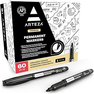 ARTEZA Permanent Markers Black, Bulk Set of 60, Fine Tip, Waterproof
