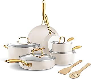 GreenPan Swift 12 Piece Cookware Pot and Pans Set, PFAS & PFOA-Free Healthy Ceramic Nonstick, Gold Stainless Steel Handle, Versatile Cooking Essentials, Dishwasher & Oven Safe, Cream