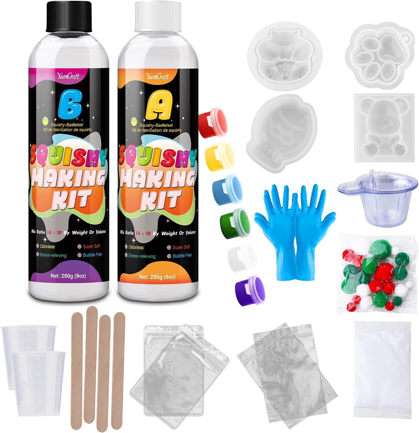 Liquid Silicone for Taba Squishy Kit 500g, 1:1 AB Super Soft Silicone, Bubble-Free Fast Cure, DIY Squishy Making Kit with 4 Moulds (Cat Paw, Hamster, Bear, Taiyaki), Stress Relief Gift for Beginners