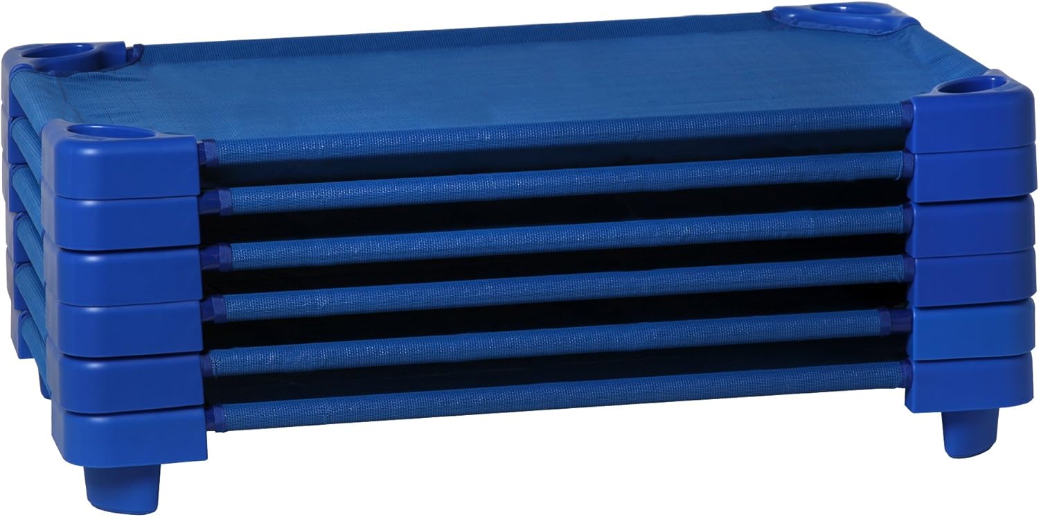 Sprogs Heavy-Duty Stackable Standard Size 52"L Daycare Cots for Kids and Toddlers, Stacking Preschool Classroom Kids Cots for Sleeping, Resting, Naptime, Pack of 6, Blue