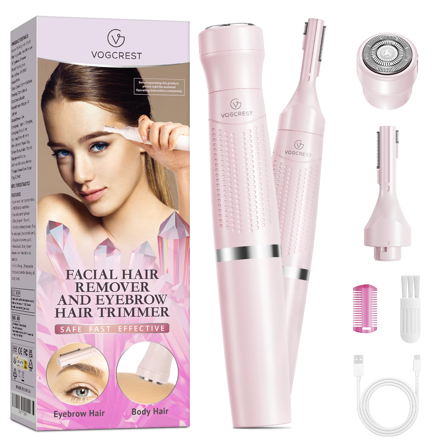 Women's Eyebrow Trimmer & Facial Hair Remover, 2 in 1, Double Rotating Blades, Safe, Painless, Hypoallergenic, Rechargeable, USB Charging