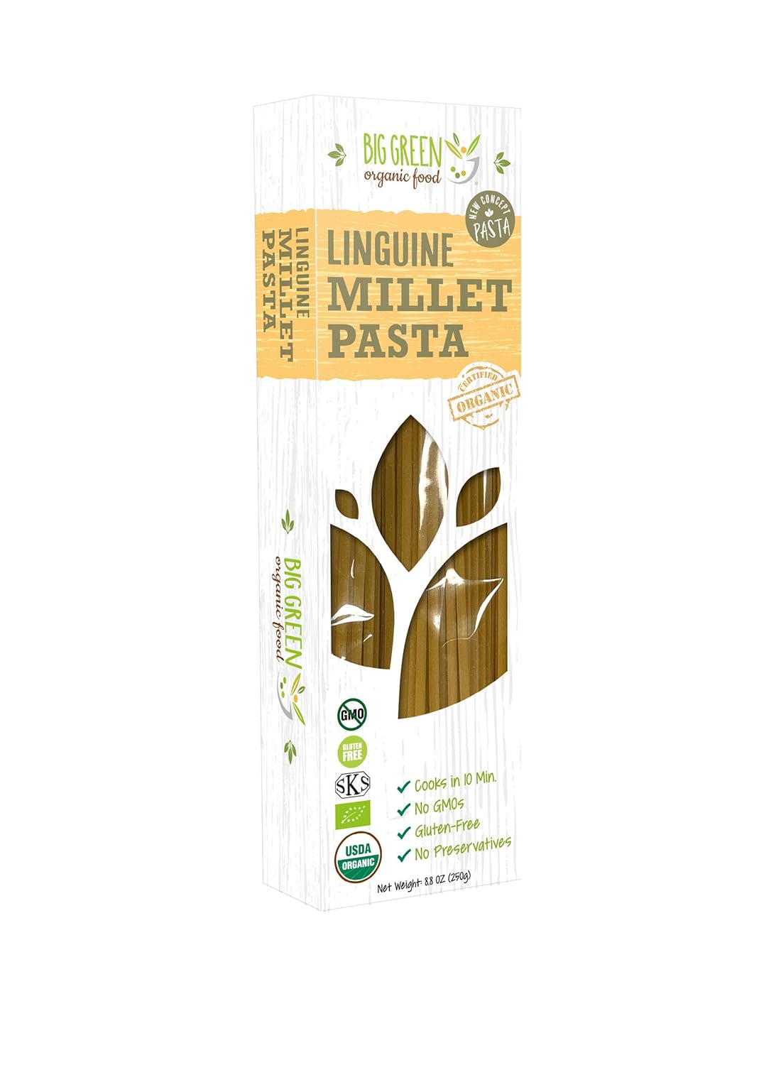 Big Green Organic Food- Organic Millet Linguine, Gluten-Free, Lectin-Free, Non-GMO, Vegan, Wheat and Rice Alternative, 8.8oz (1 Pack)