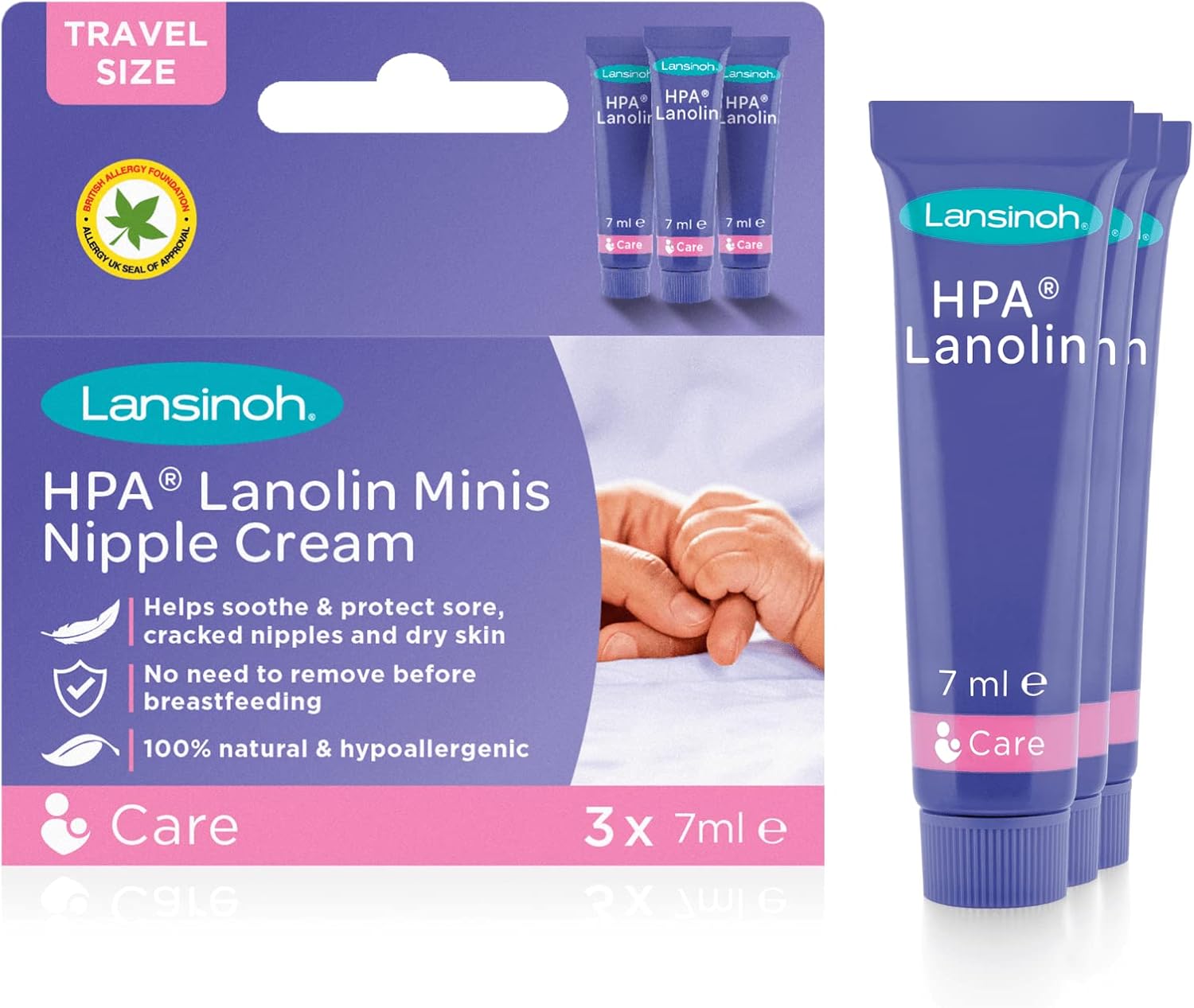 Lansinoh HPA Lanolin Nipple Cream for sore nipple & cracked skin, 100% natural single ingredient, breastfeeding essential, tasteless, odourless, hospital bag, moisturising, 3x7ml