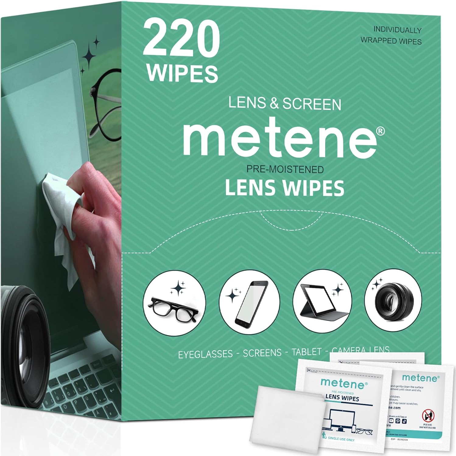 Metene 220 Pack Lens Cleaning Wipes, Pre-Moistened and Individually Wrapped Eyeglass Wipes, Glasses Cleaner for Eyeglasses, Camera Lens, Tablets, Phone, Computer Screen and Other Delicate Surfaces