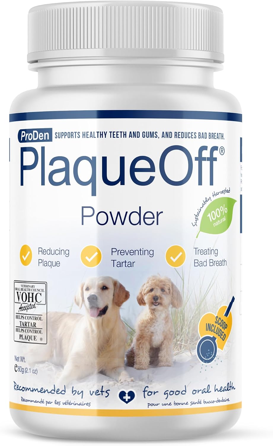 ProDen PlaqueOff Powder for Dogs - Dog Tartar and Plaque Remover - 60g | VOHC Accepted Dental Powder for Pet Oral Care - Supports Fresher Breath and Dental Hygiene - 100% Natural Kelp Formula