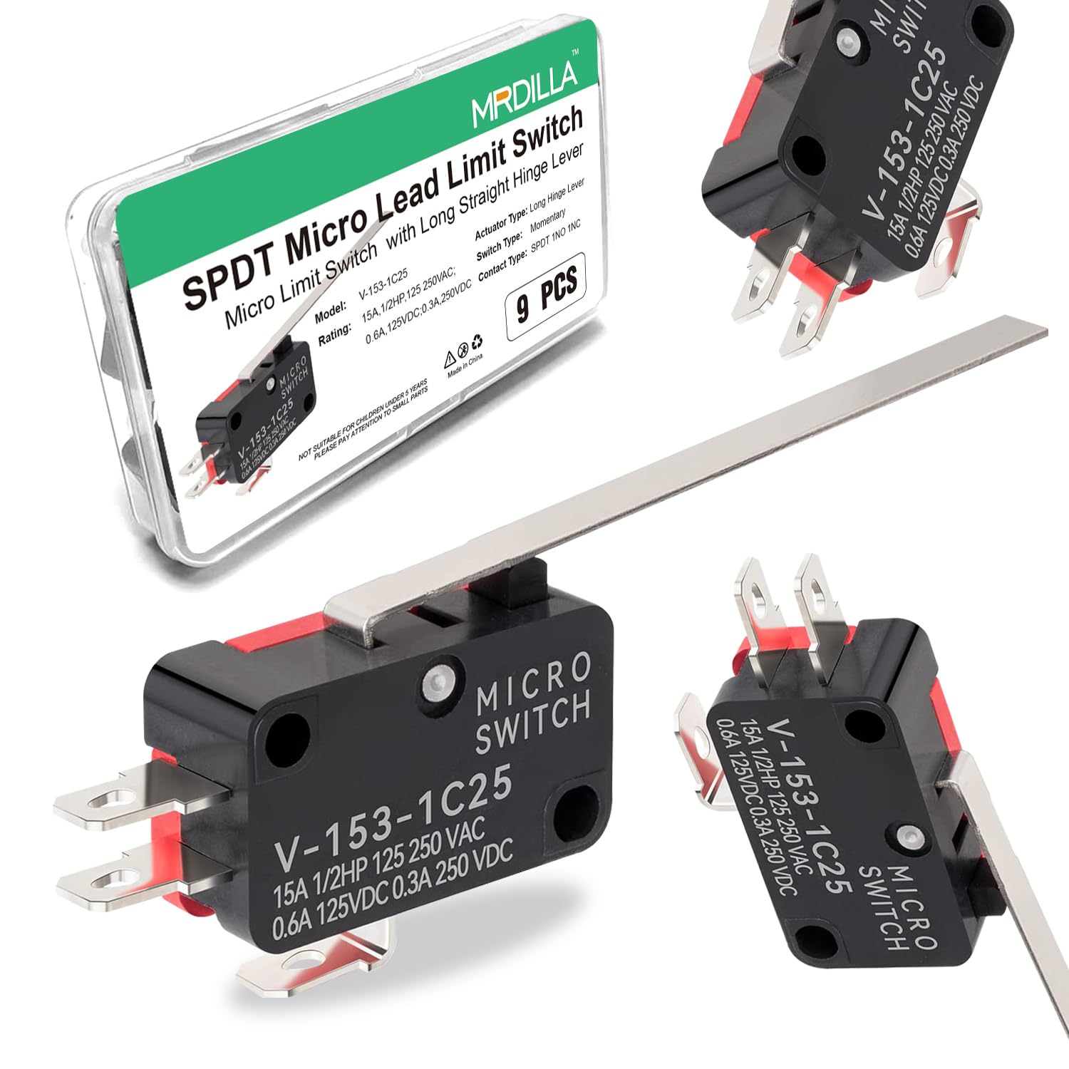 9PCS SPDT Micro Limit Switch with Long Hinge Lever, 15A 125/250VAC