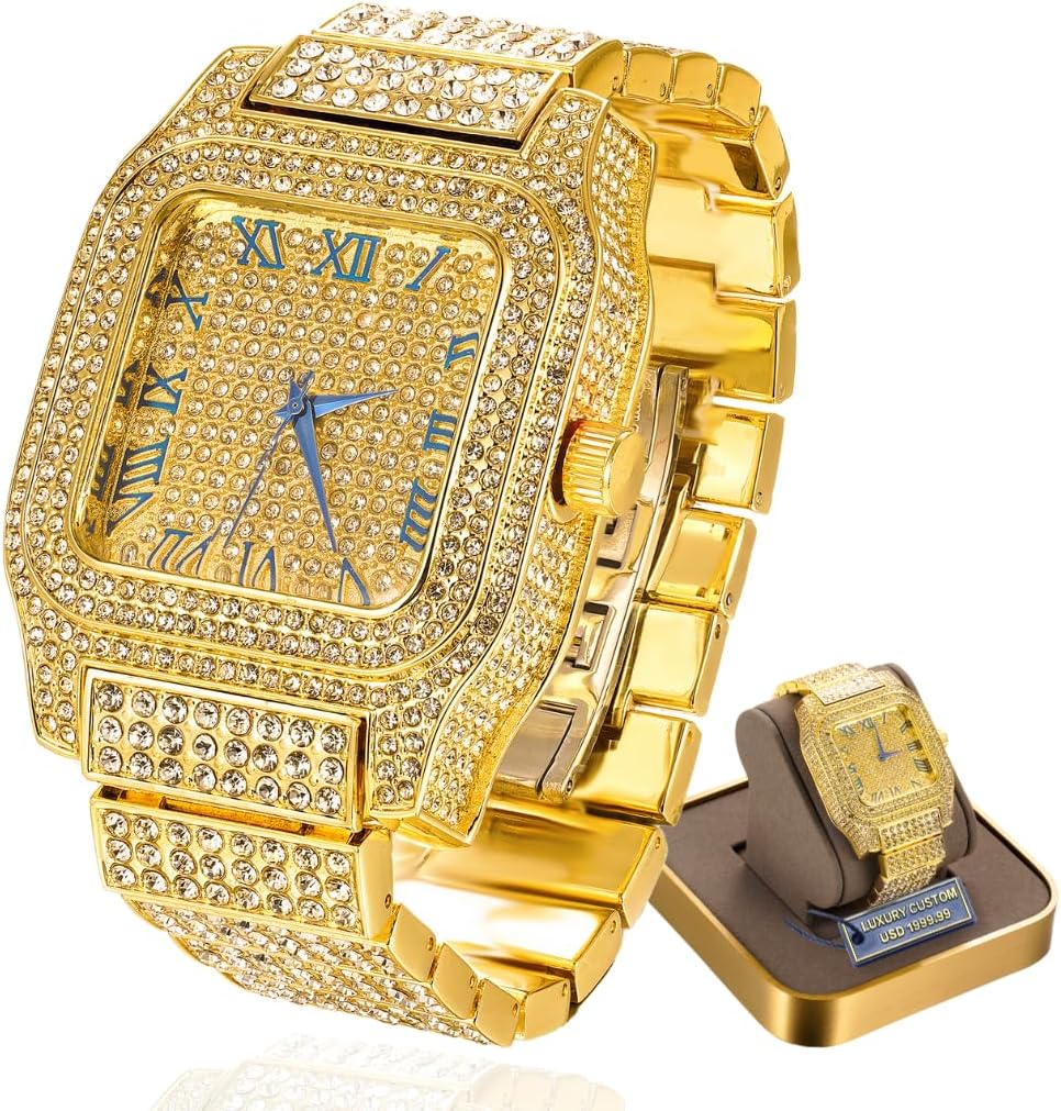 Halukakah Moissanite Diamond Gold Watch for Men - The KINGDOM - Luxury 18k Real Gold/Platinum White Gold Plated,Basic Waterproof,Swiss Quartz Roman Numerals Square Face Dial,200G Heavy-Made,3-Sides Iced Out,9.5" Wristband - Giftbox Included,Gift for Son Grandson Boyfreind Husband Dad