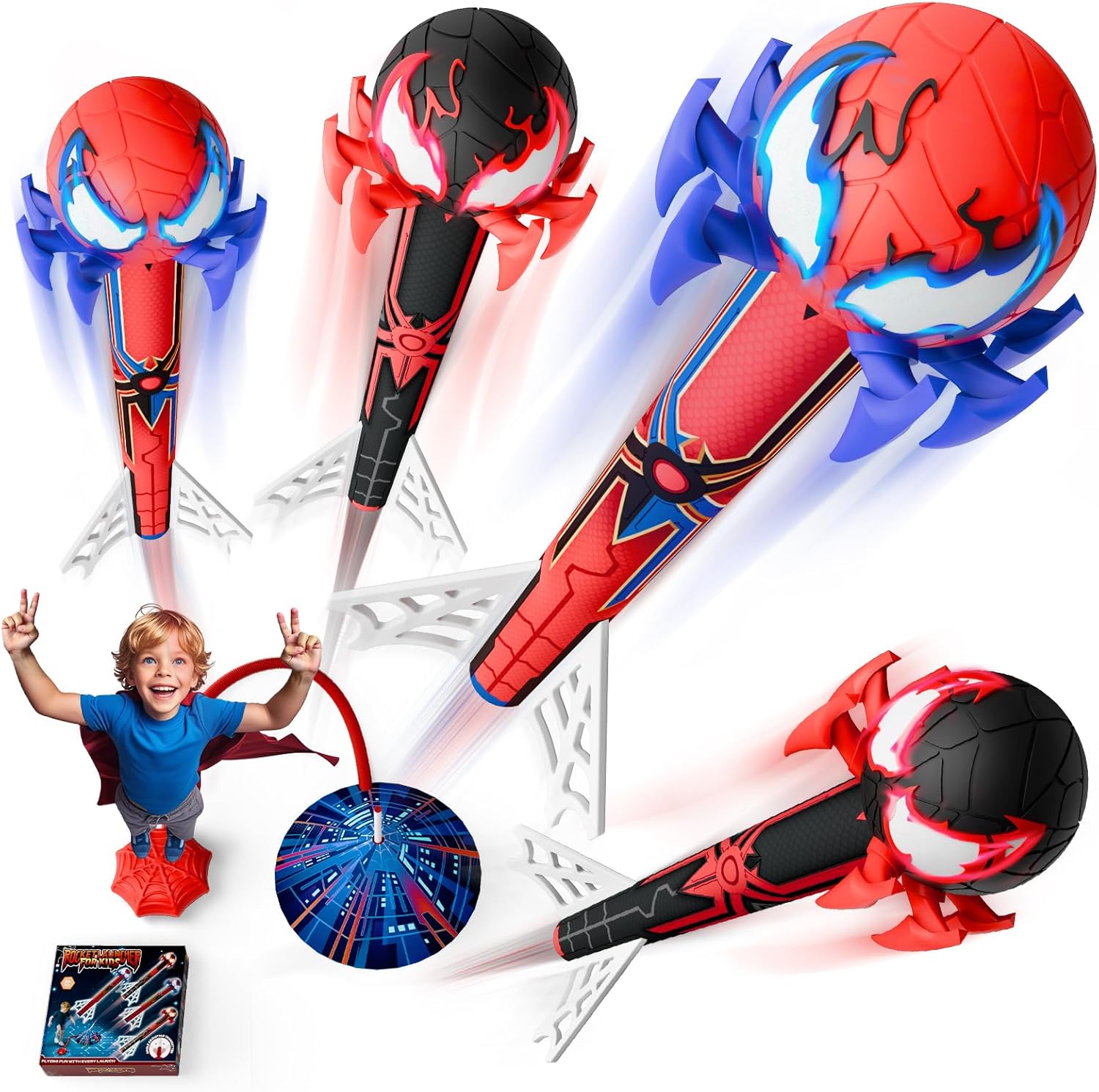 Rocket Launcher for Kids, 4 Spider Rockets with Web Air Pump, Kids Outdoor Garden Spider Toys Game Gifts Birthday Present for 3 4 5 6 7 8 9 10 Year Old Boys Kids Toddlers Toys Age 3 4 5 6 7 8 9 10 12