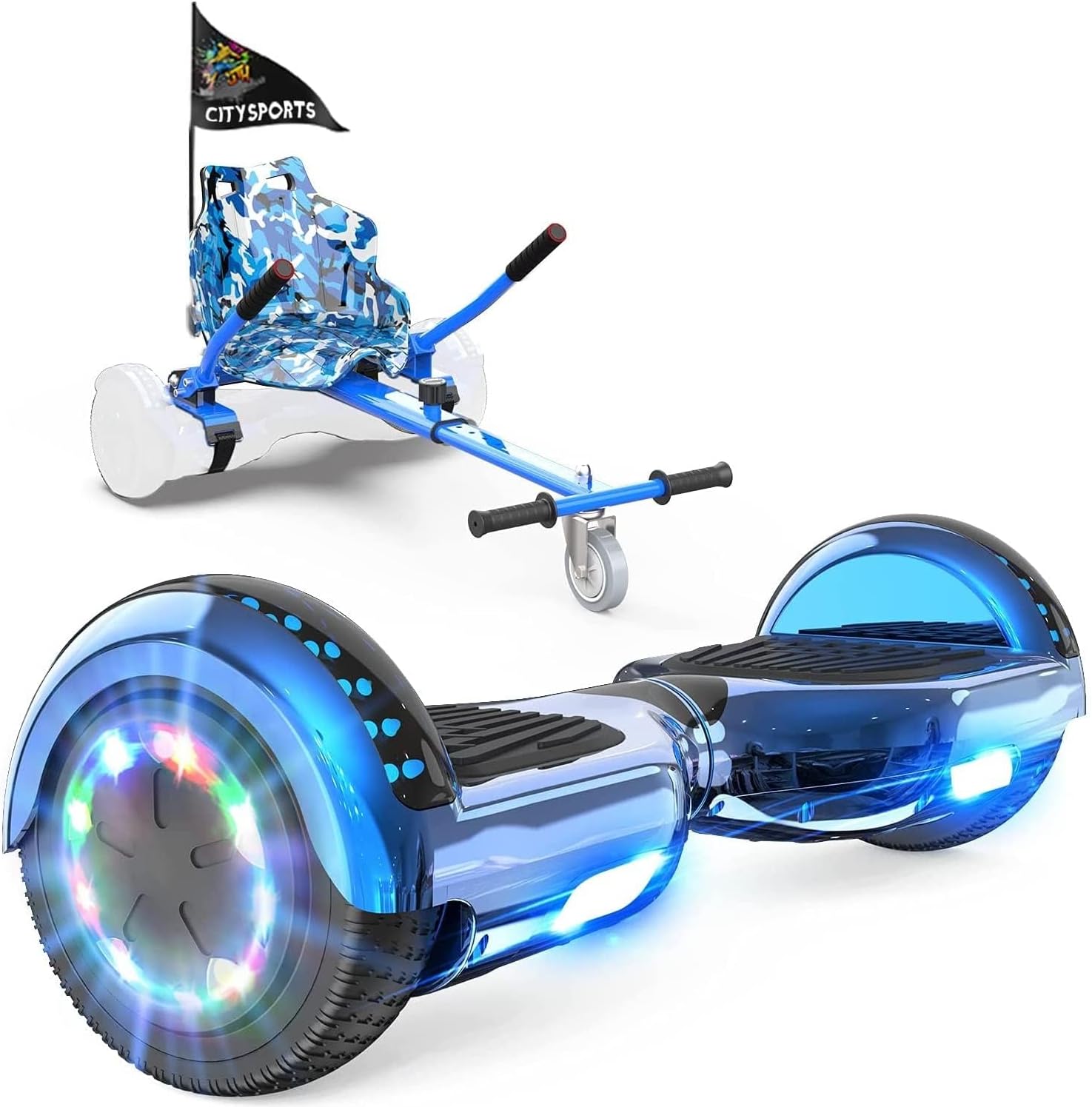 GeekMe hoverboards go kart attachment, Hoverboards with Hoverkart 6.5 inch with Bluetooth Speaker, LED Lights, Gift for Kid, Teenager and Adult
